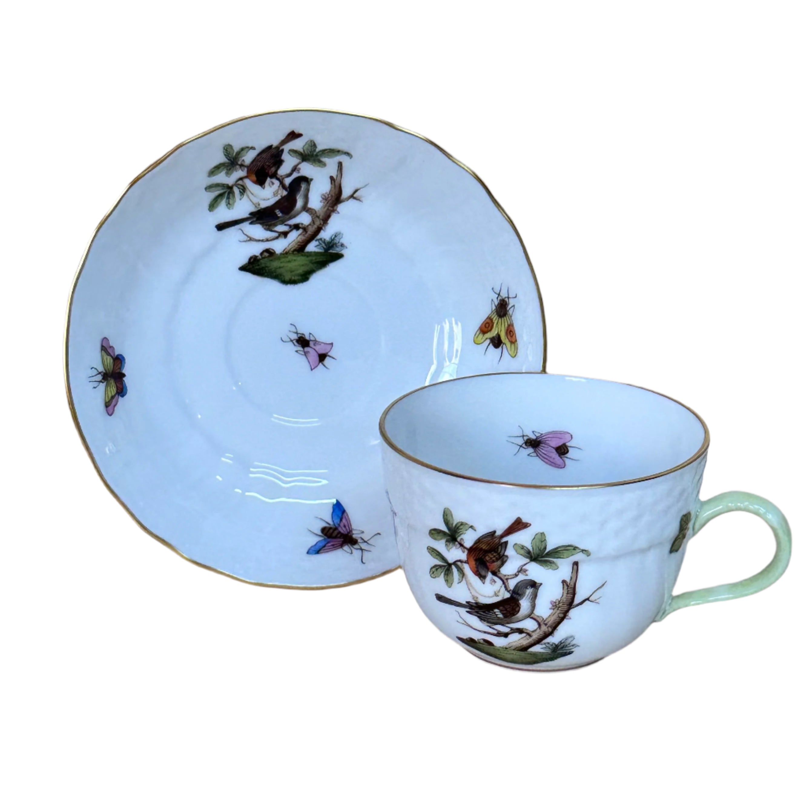 12pc Herend Rothschild Bird Flat Demitasse Cup Saucer Set for 6