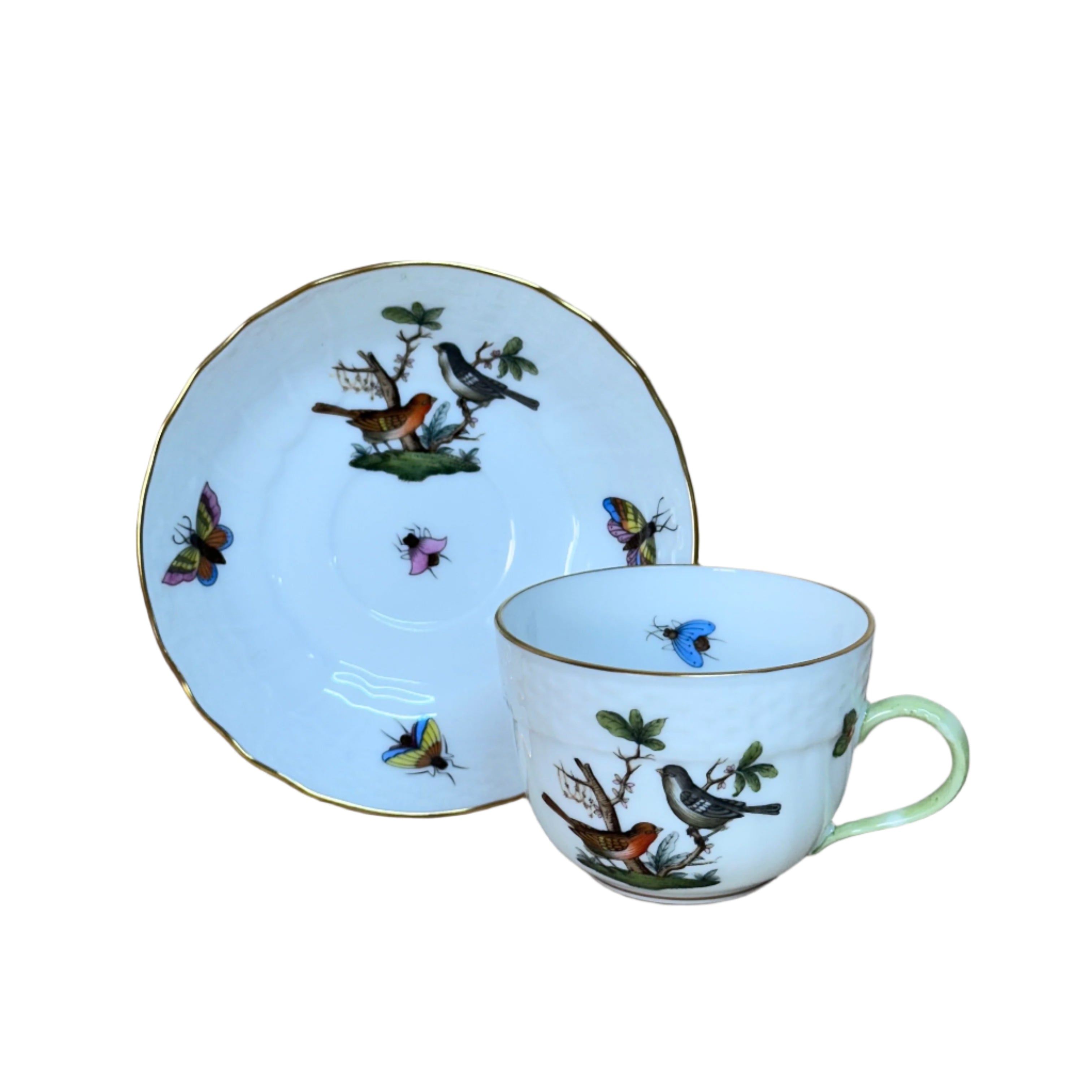 12pc Herend Rothschild Bird Flat Demitasse Cup Saucer Set for 6