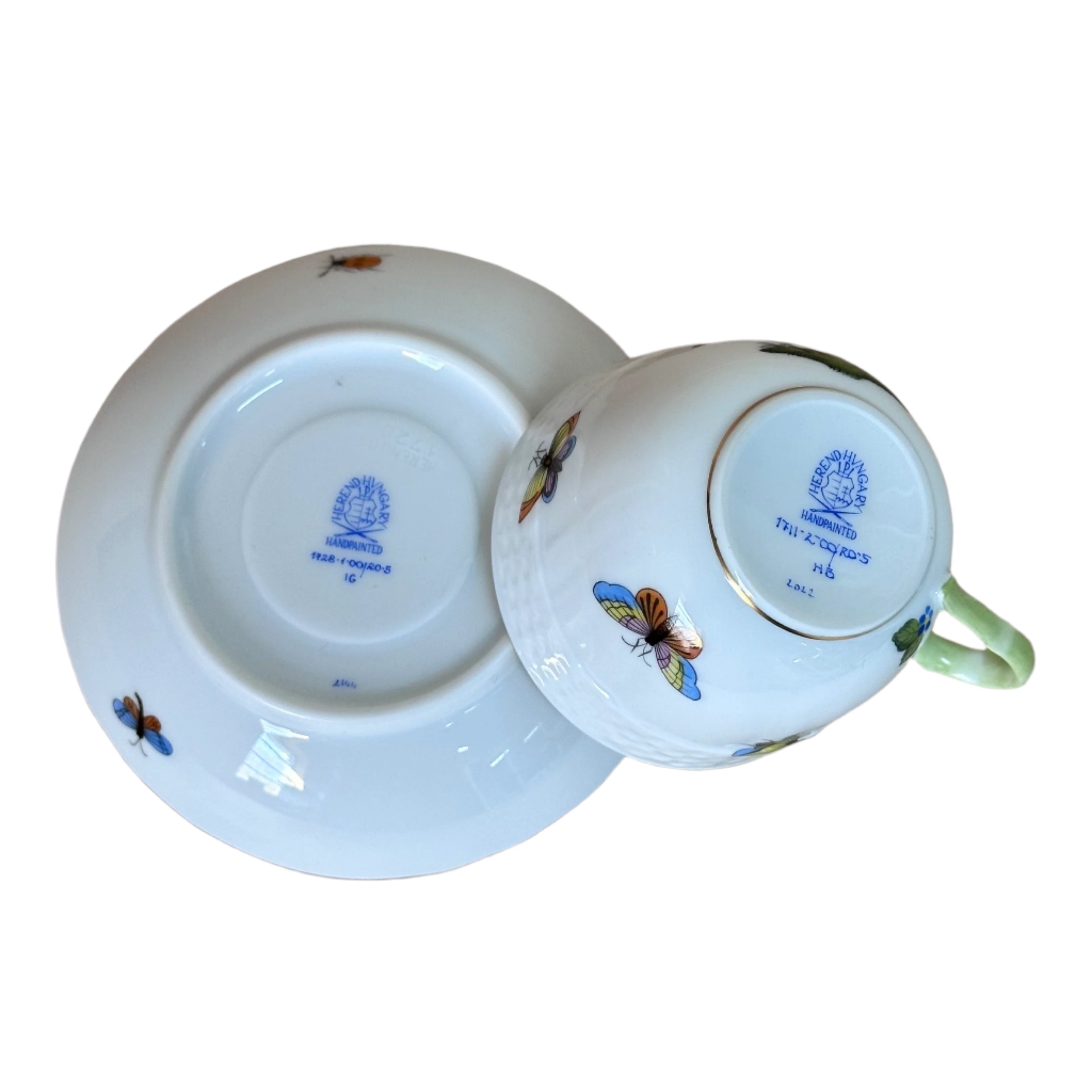 12pc Herend Rothschild Bird Flat Demitasse Cup Saucer Set for 6