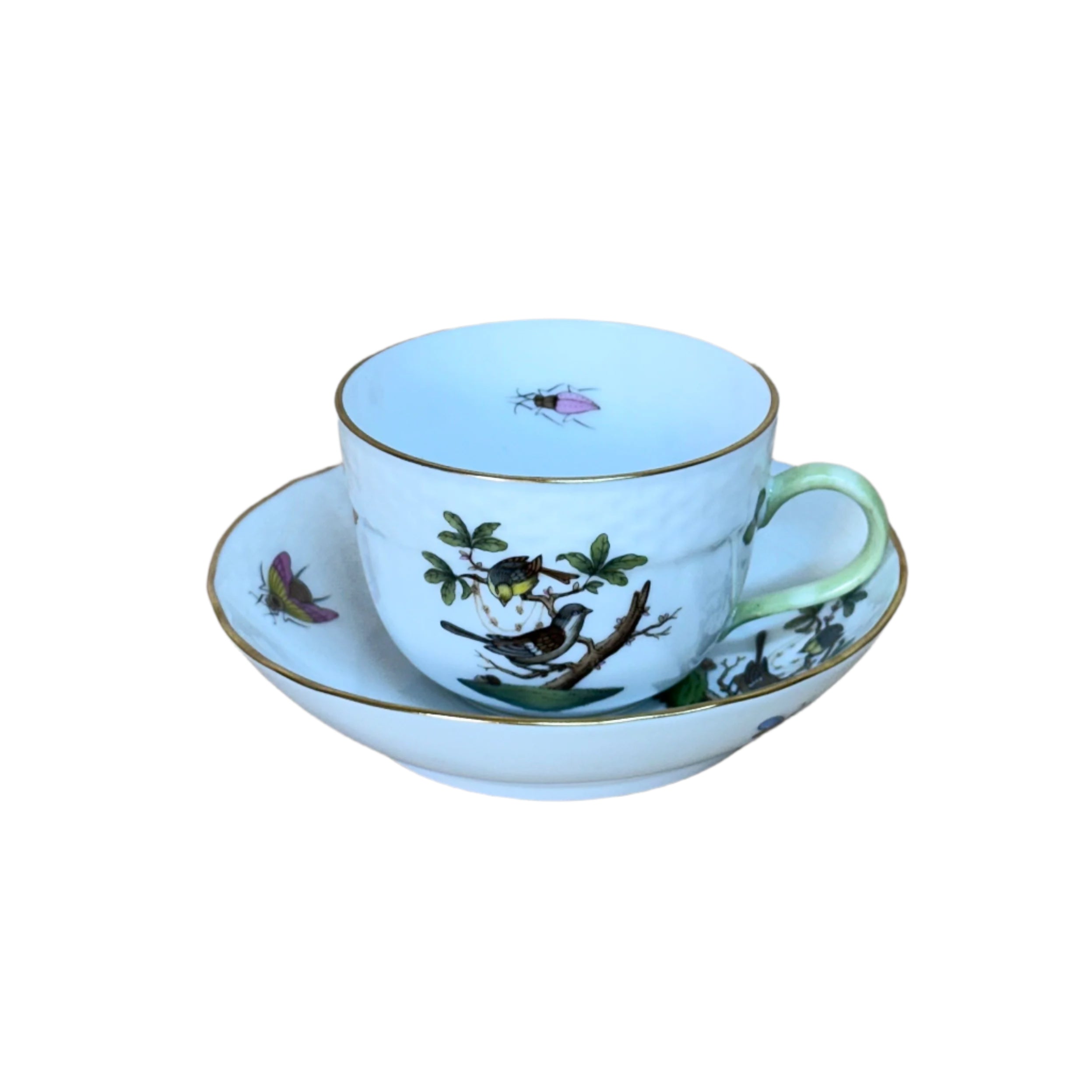 12pc Herend Rothschild Bird Flat Demitasse Cup Saucer Set for 6