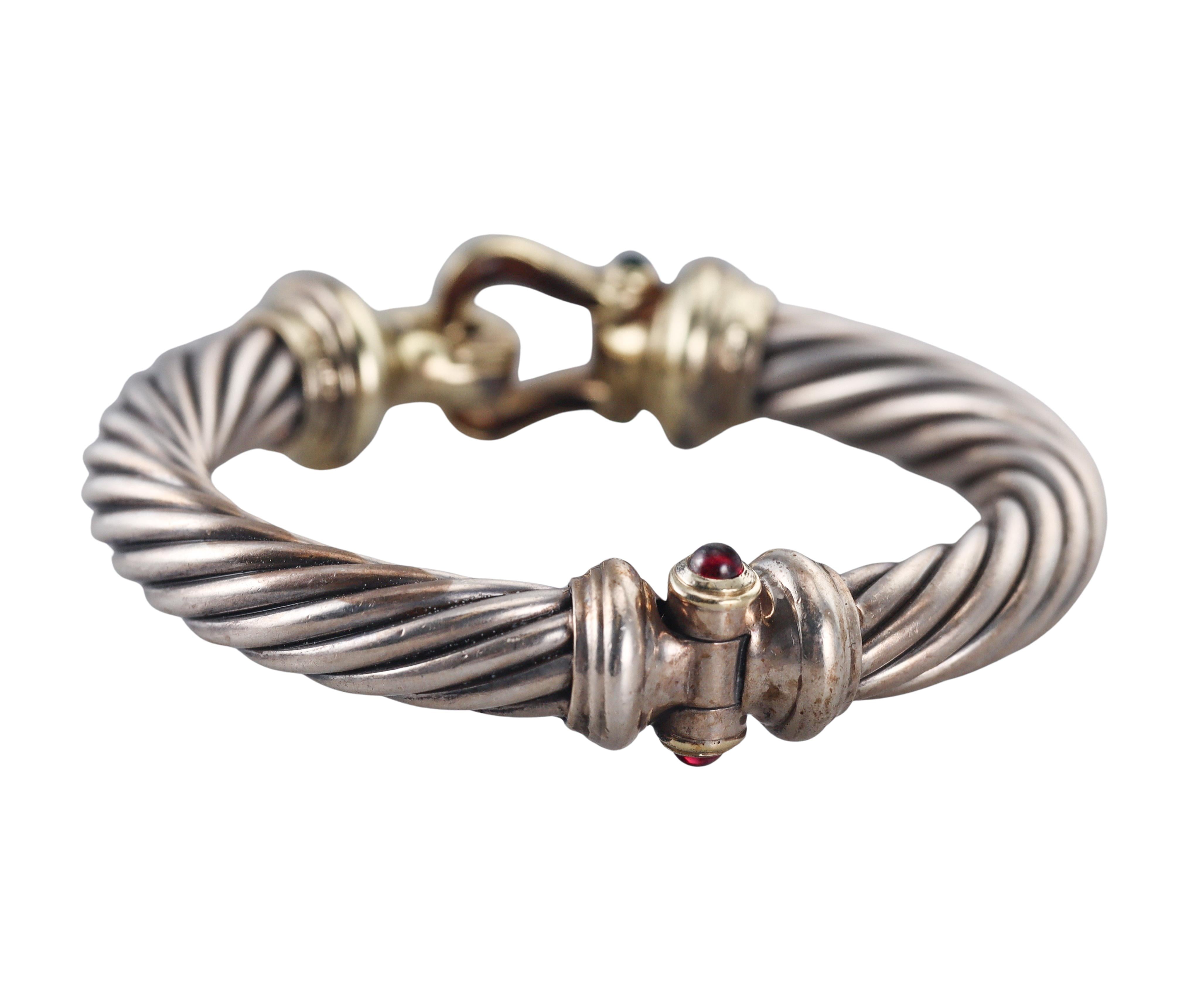 David Yurman Classic Cable Tourmaline Silver 14k Gold Flex Buckle Large Bracelet