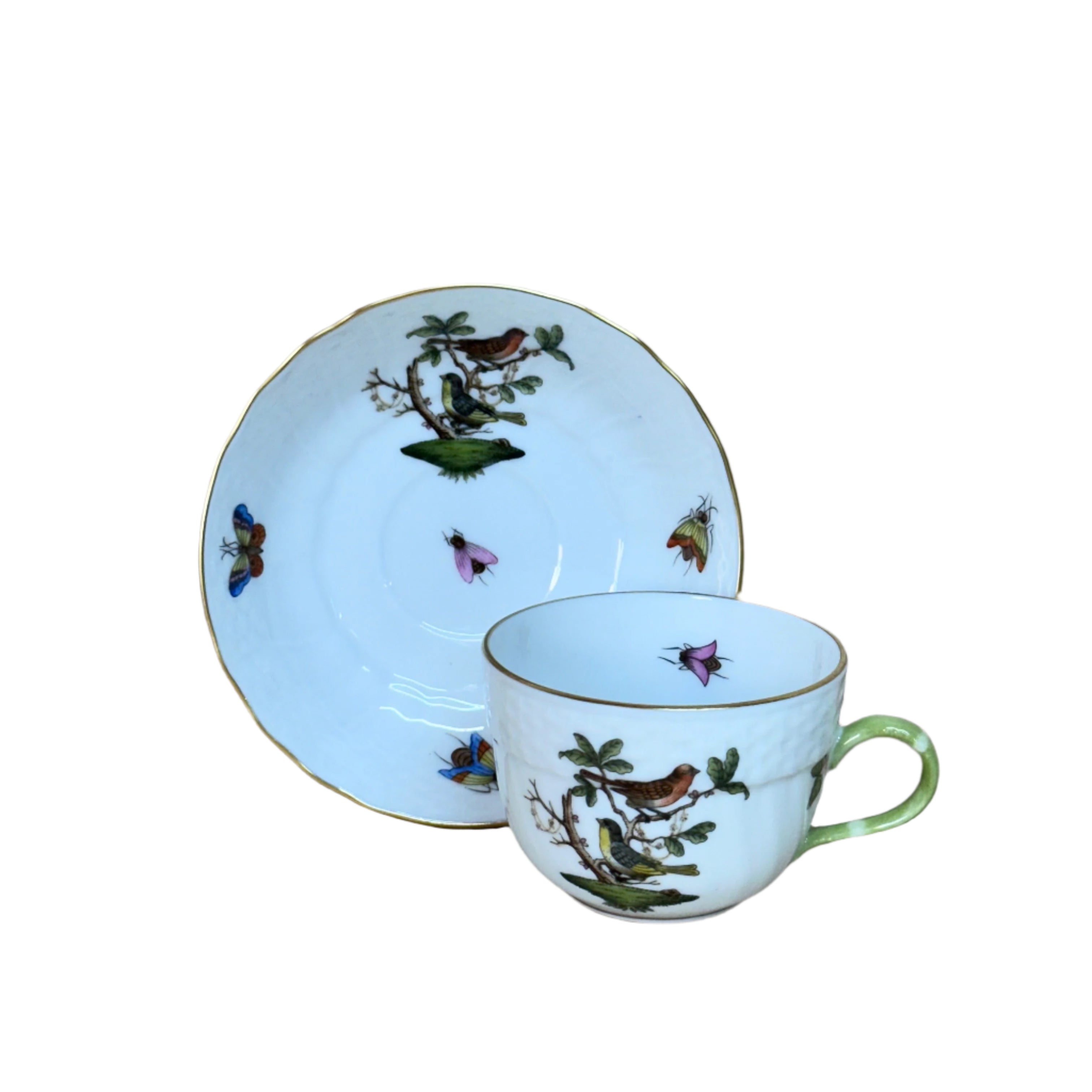 12pc Herend Rothschild Bird Flat Demitasse Cup Saucer Set for 6