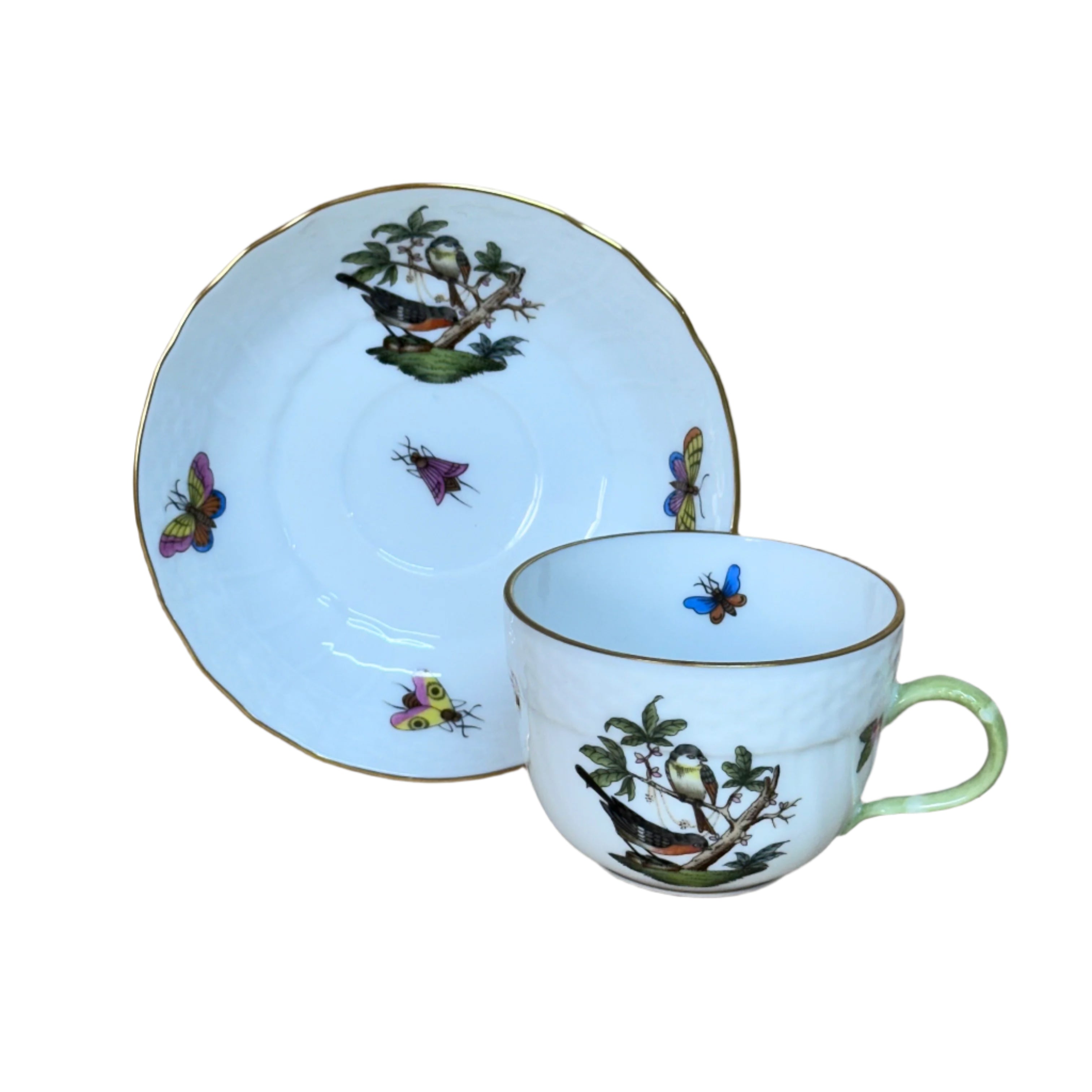 12pc Herend Rothschild Bird Flat Demitasse Cup Saucer Set for 6
