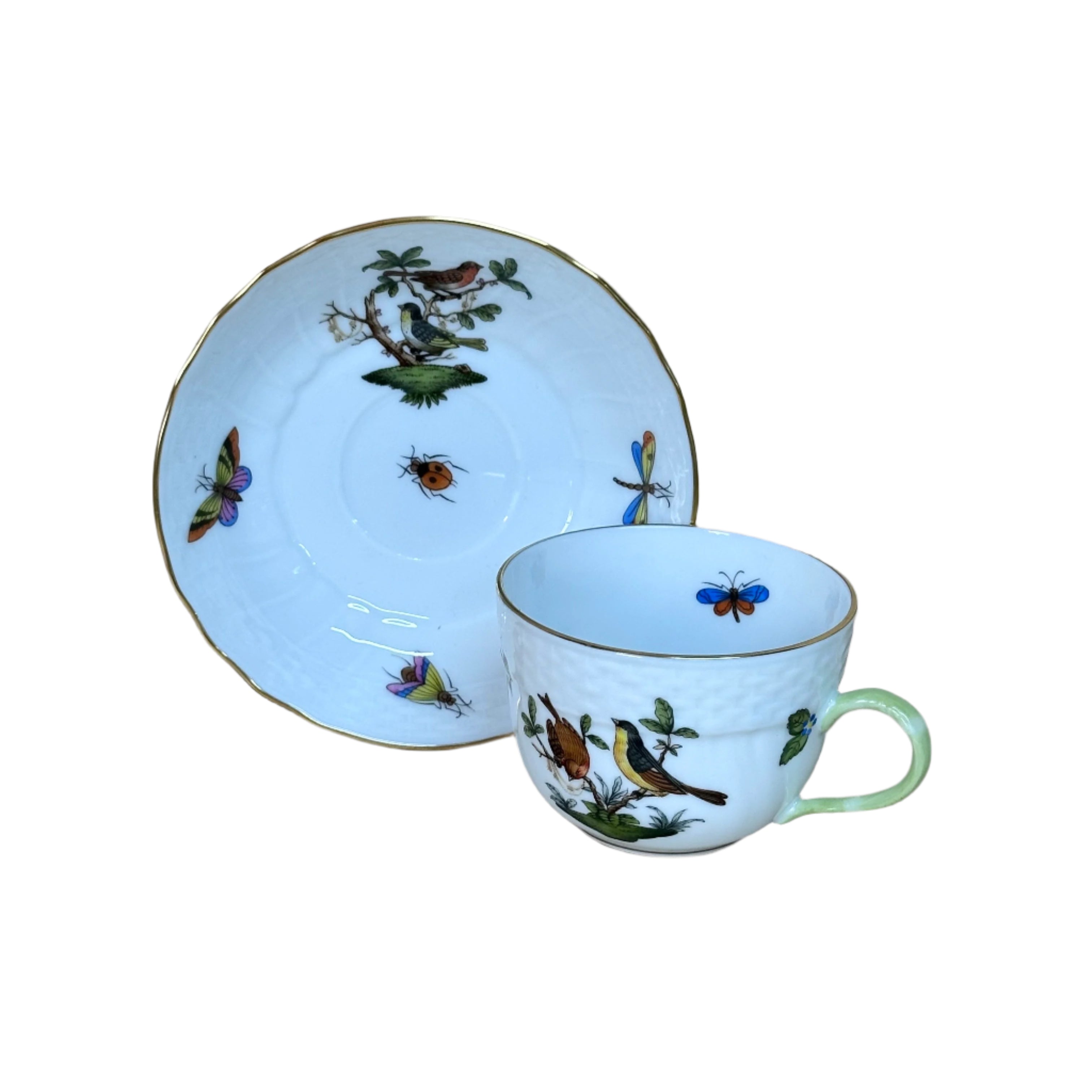 12pc Herend Rothschild Bird Flat Demitasse Cup Saucer Set for 6