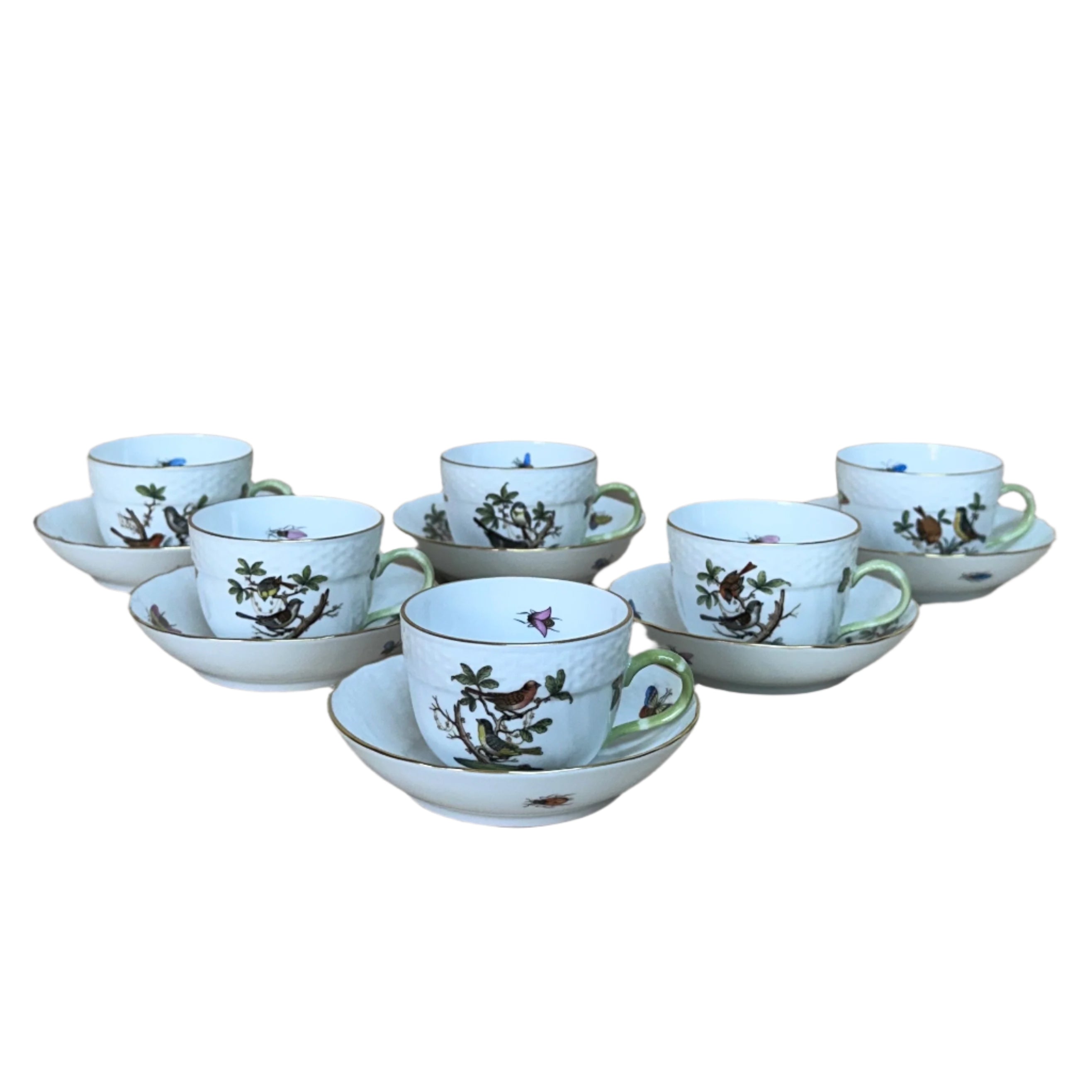 12pc Herend Rothschild Bird Flat Demitasse Cup Saucer Set for 6