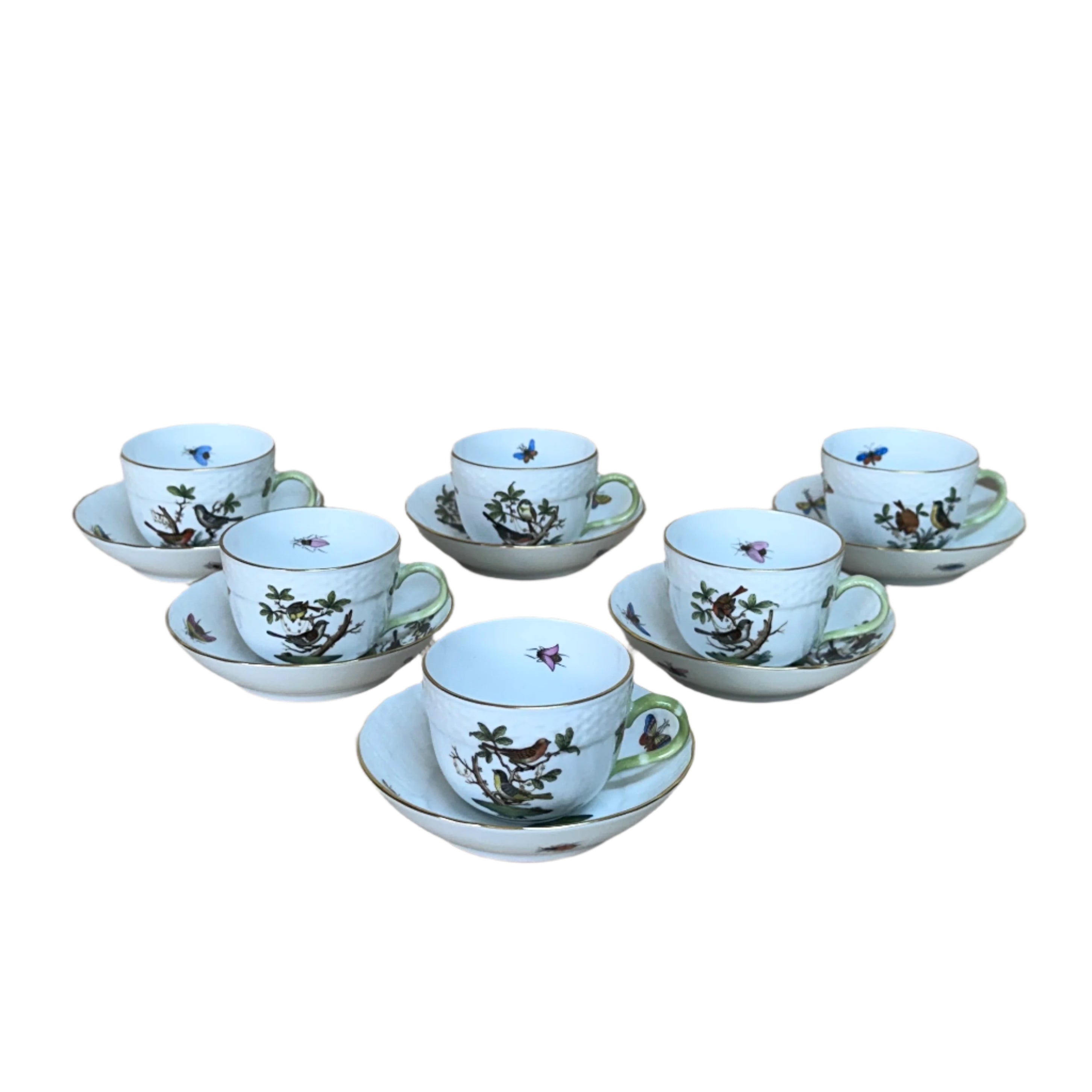 12pc Herend Rothschild Bird Flat Demitasse Cup Saucer Set for 6