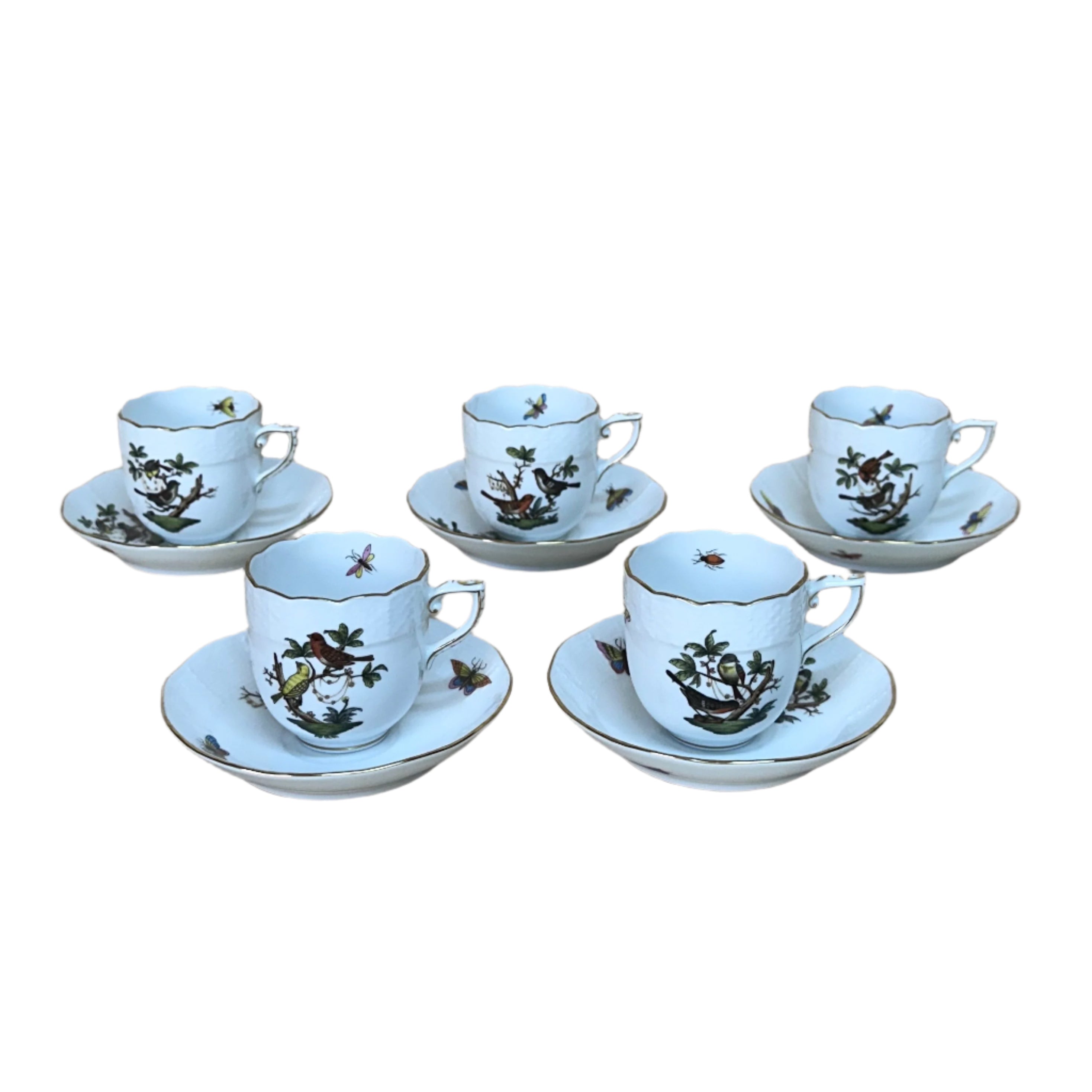10pc Herend Rothschild Bird Flat Demitasse Cup & Saucer Set for 5