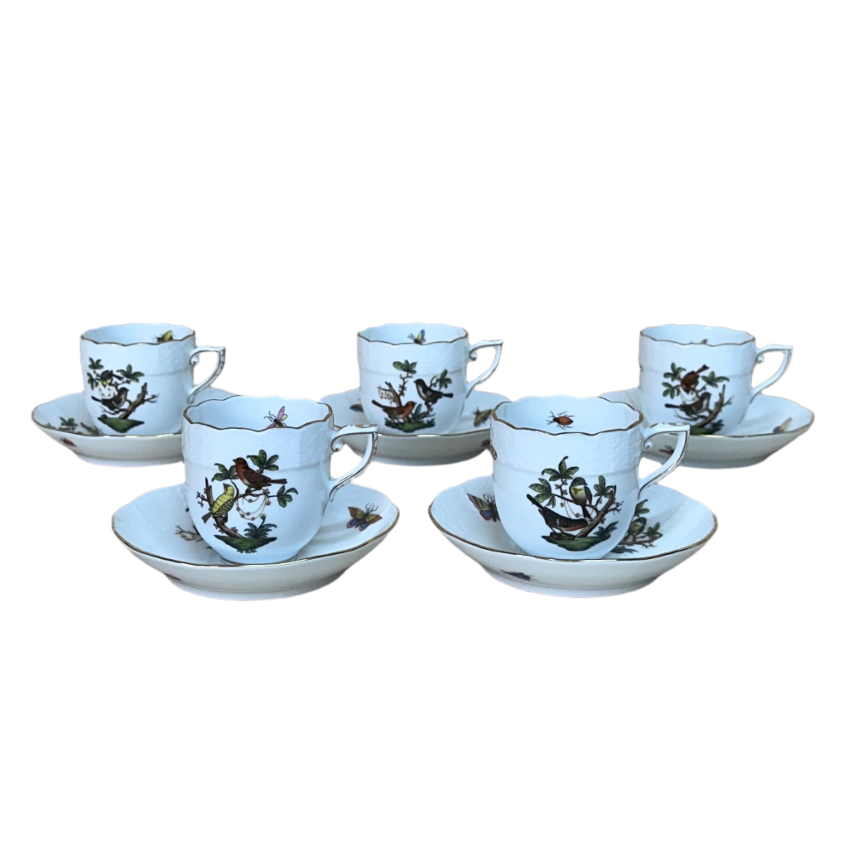 10pc Herend Rothschild Bird Flat Demitasse Cup & Saucer Set for 5