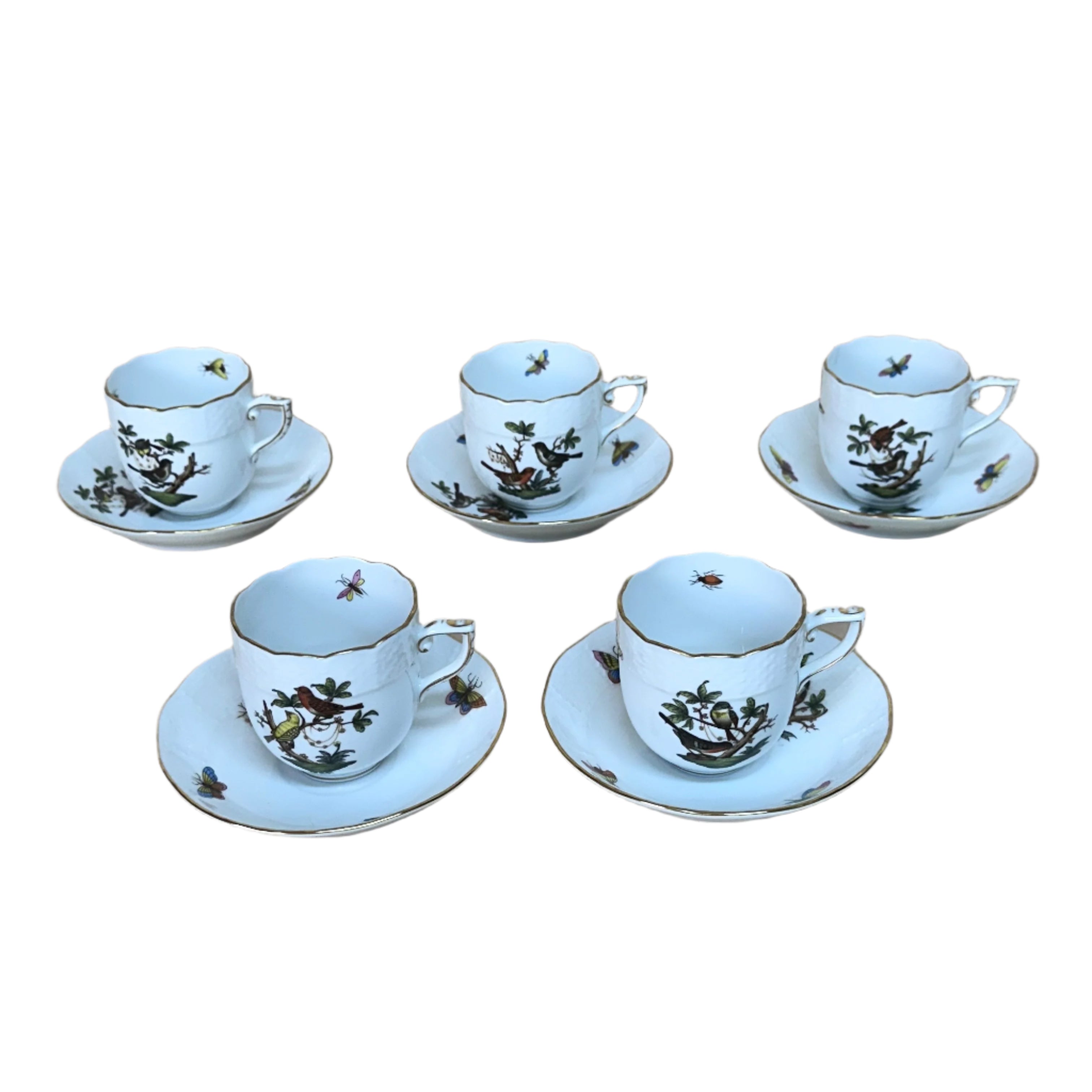 10pc Herend Rothschild Bird Flat Demitasse Cup & Saucer Set for 5