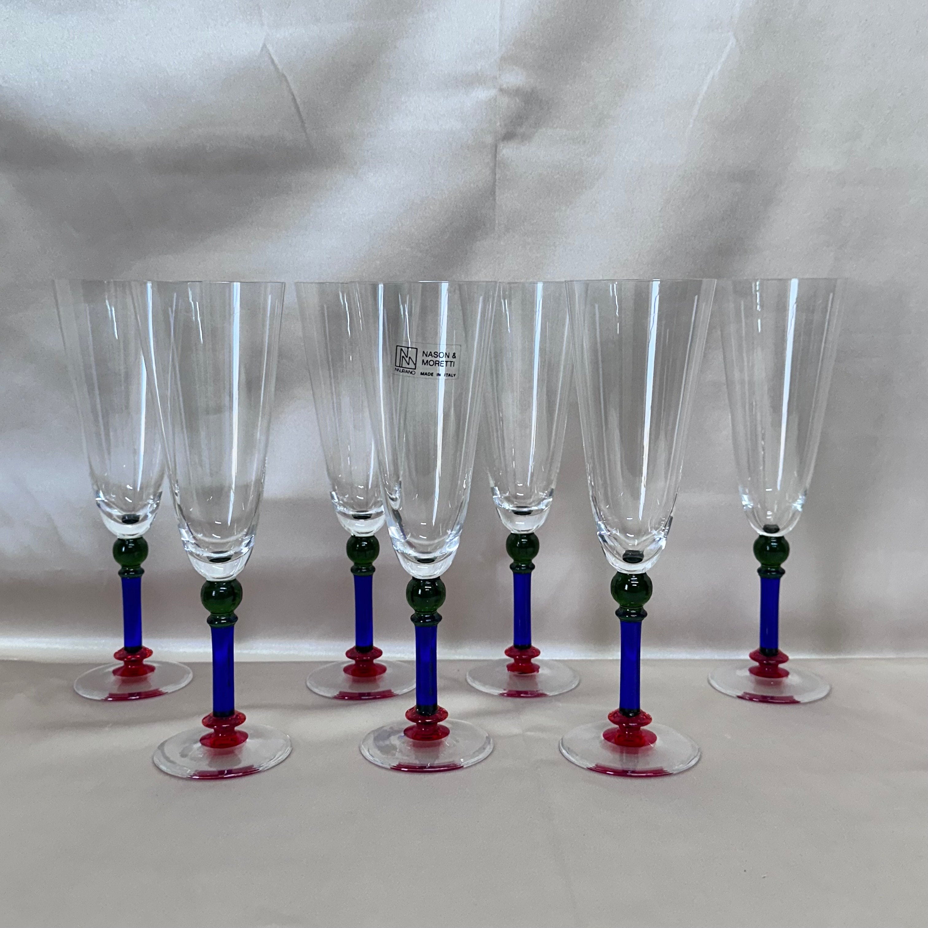 Nason & Moretti Murano Champagne Flutes Glass Blue Green Red Set of 7