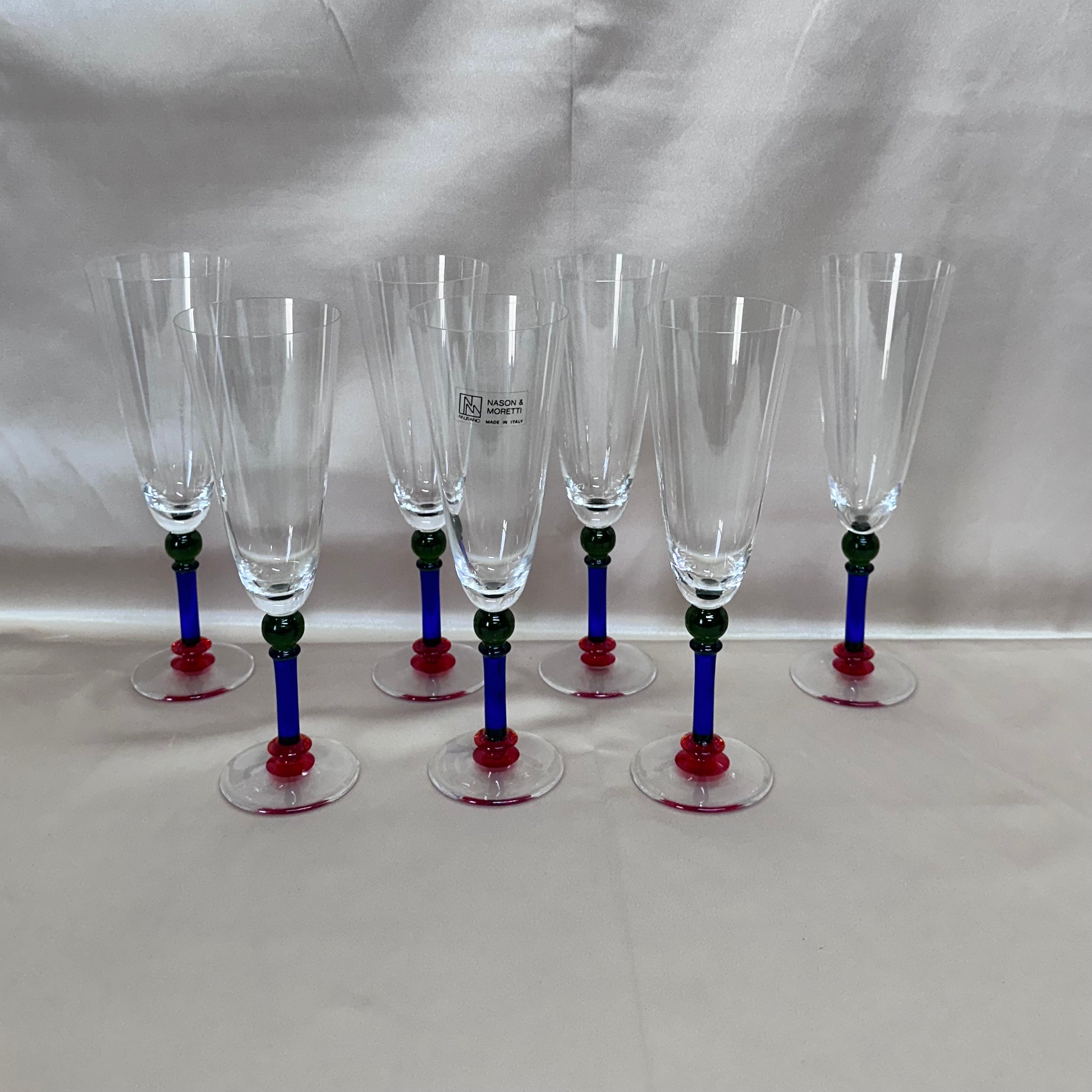 Nason & Moretti Murano Champagne Flutes Glass Blue Green Red Set of 7