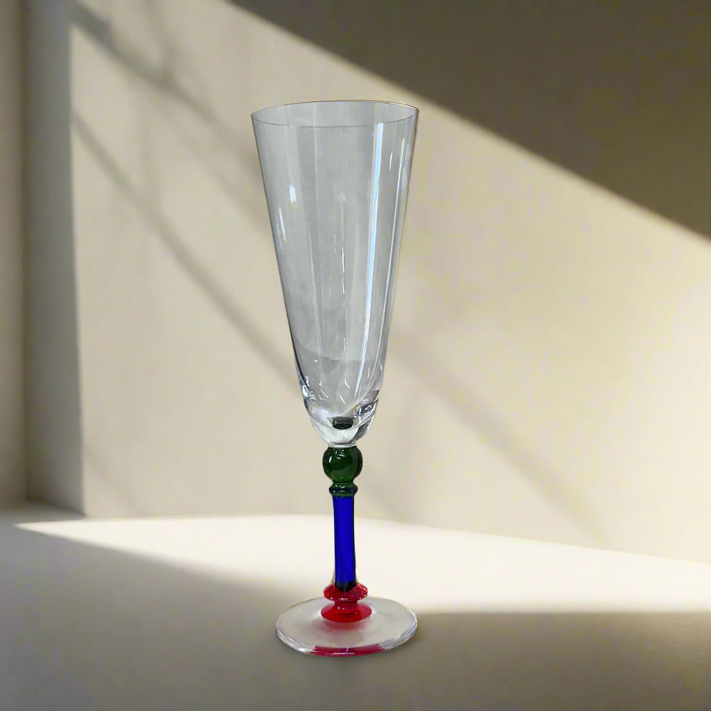 Nason & Moretti Murano Champagne Flutes Glass Blue Green Red Set of 7