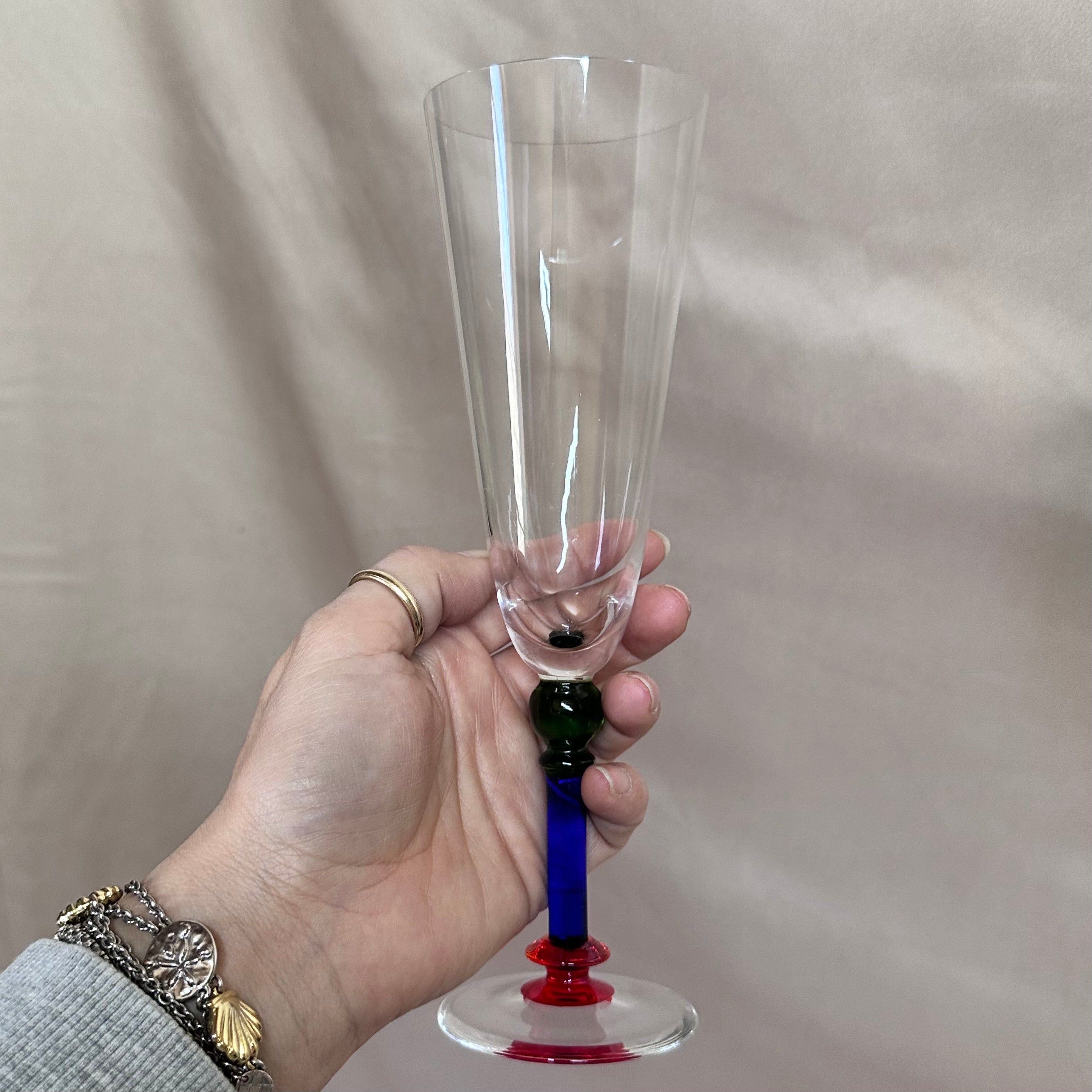 Nason & Moretti Murano Champagne Flutes Glass Blue Green Red Set of 7