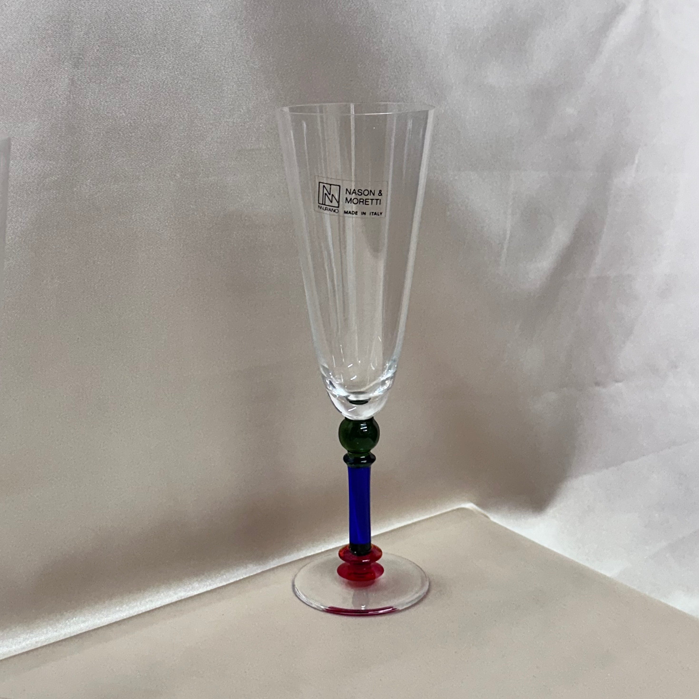 Nason & Moretti Murano Champagne Flutes Glass Blue Green Red Set of 7