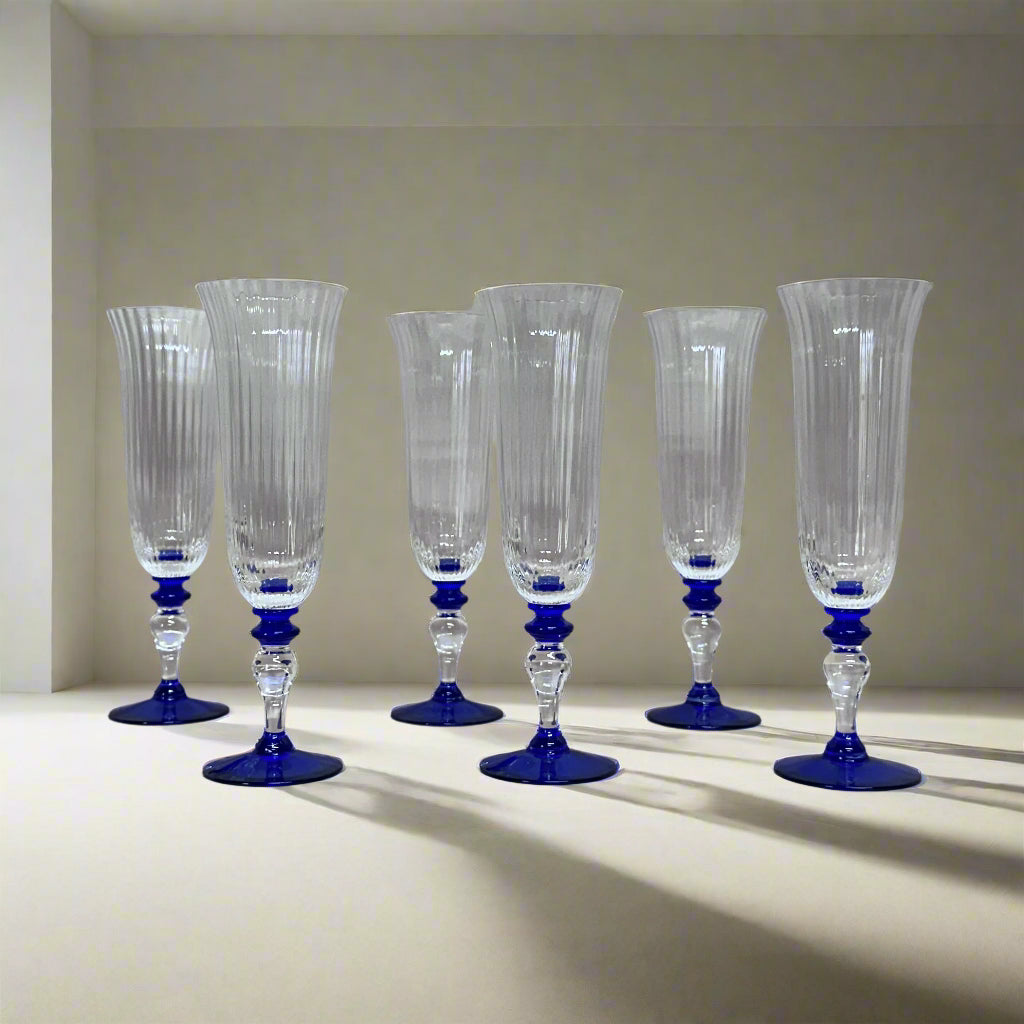 Nason & Moretti Murano Clear & Blue Champagne Flutes Glass Set of 6