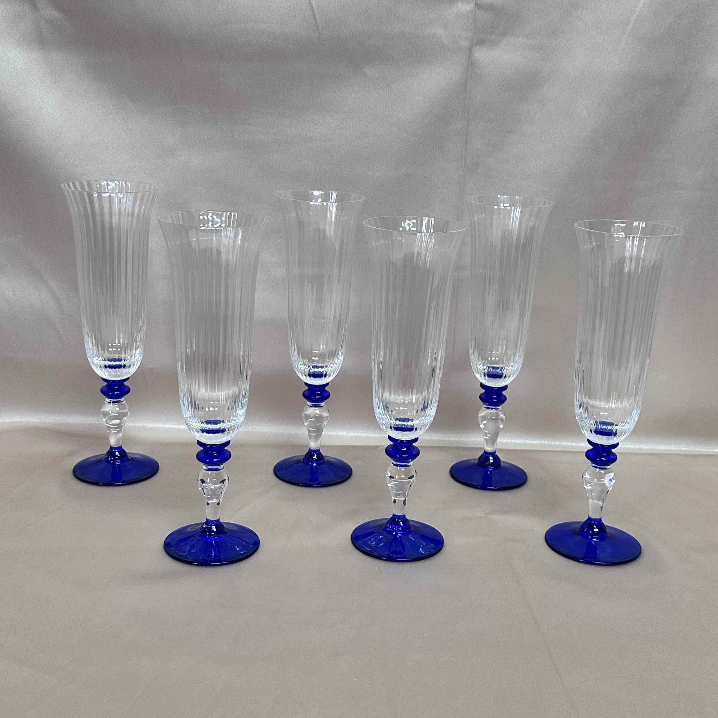 Nason & Moretti Murano Clear & Blue Champagne Flutes Glass Set of 6