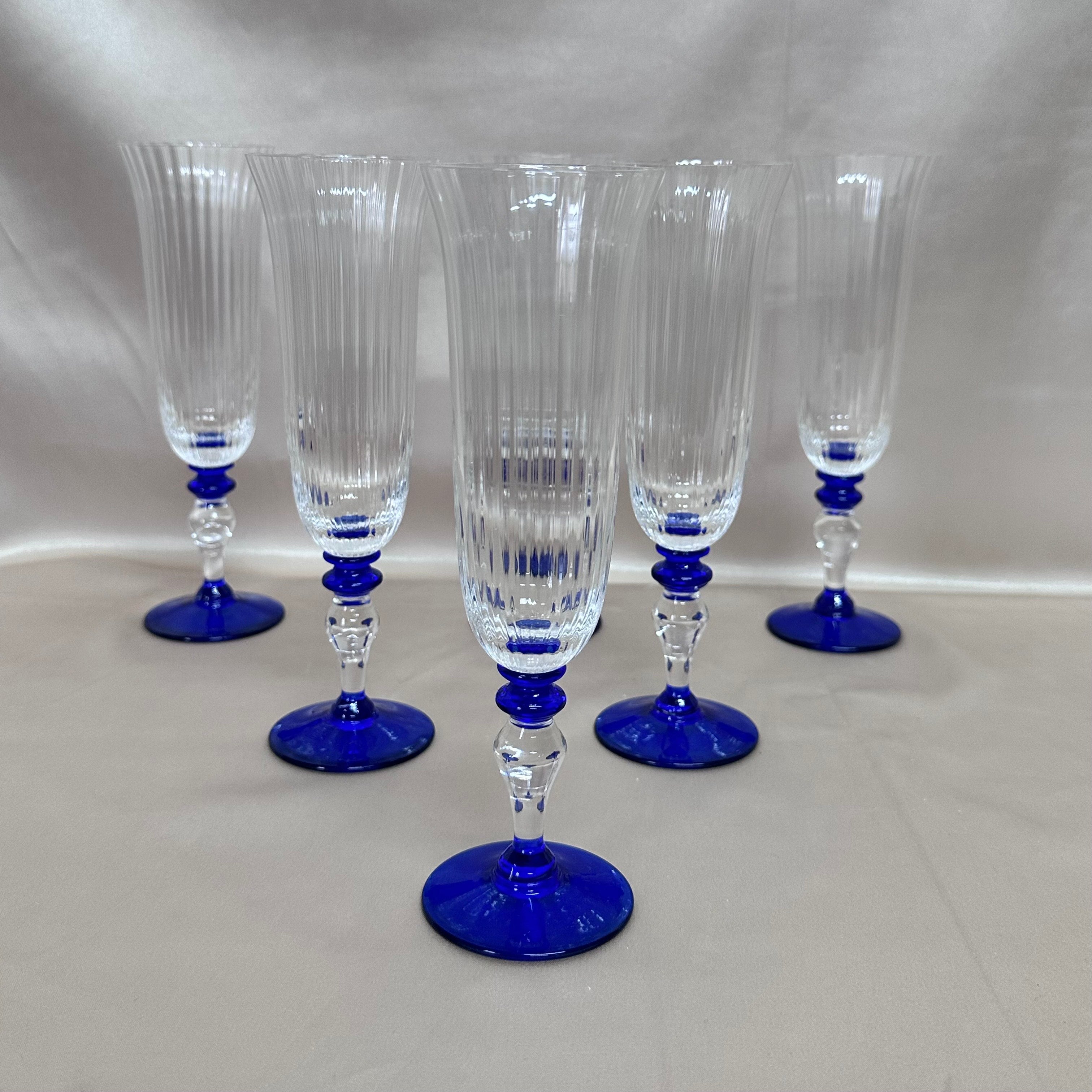 Nason & Moretti Murano Clear & Blue Champagne Flutes Glass Set of 6