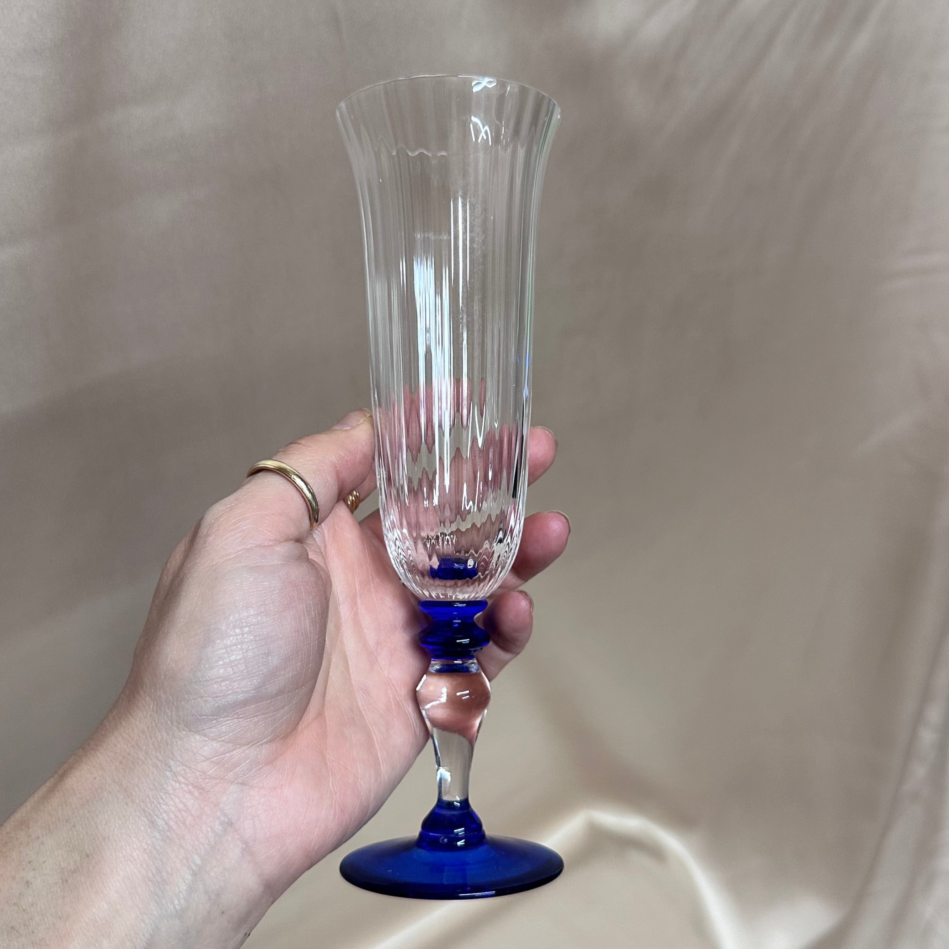 Nason & Moretti Murano Clear & Blue Champagne Flutes Glass Set of 5