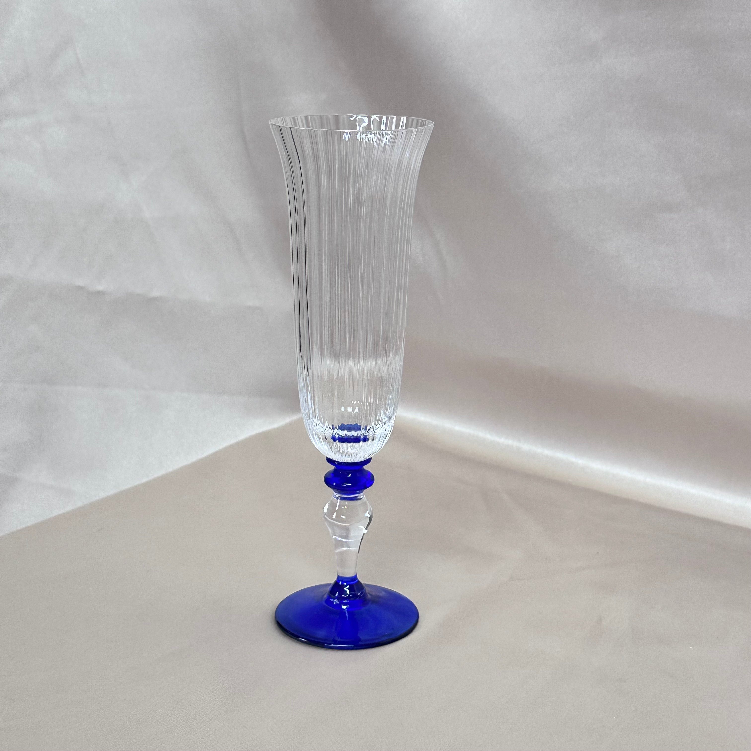 Nason & Moretti Murano Clear & Blue Champagne Flutes Glass Set of 6