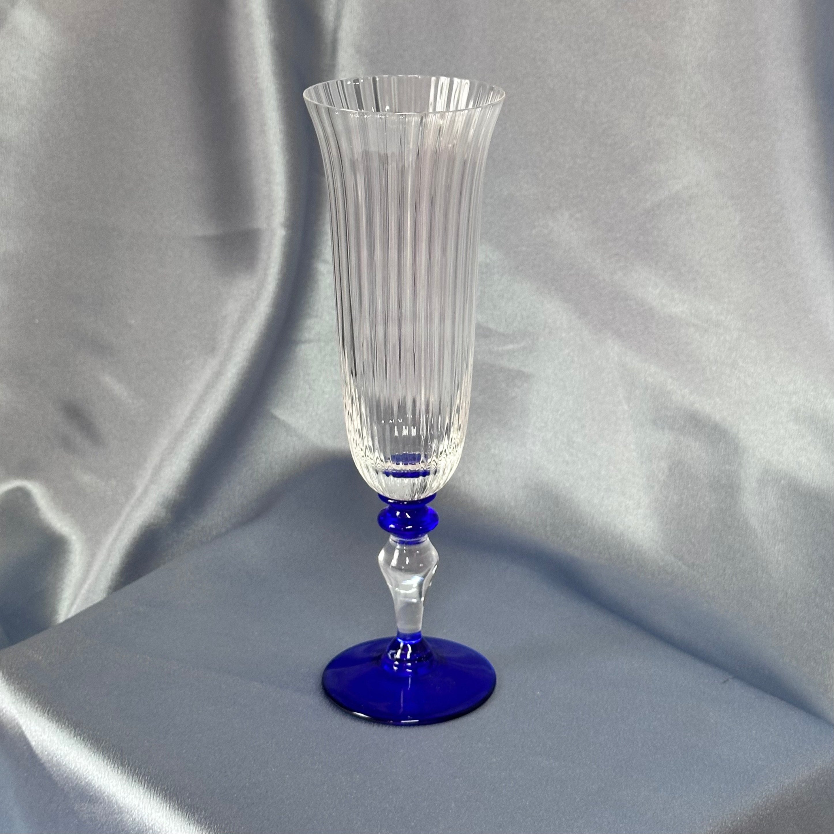 Nason & Moretti Murano Clear & Blue Champagne Flutes Glass Set of 6