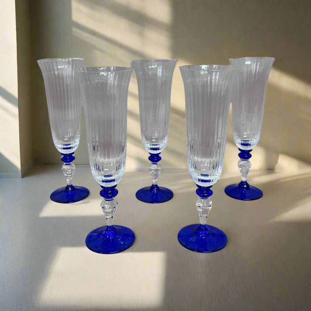 Nason & Moretti Murano Clear & Blue Champagne Flutes Glass Set of 5