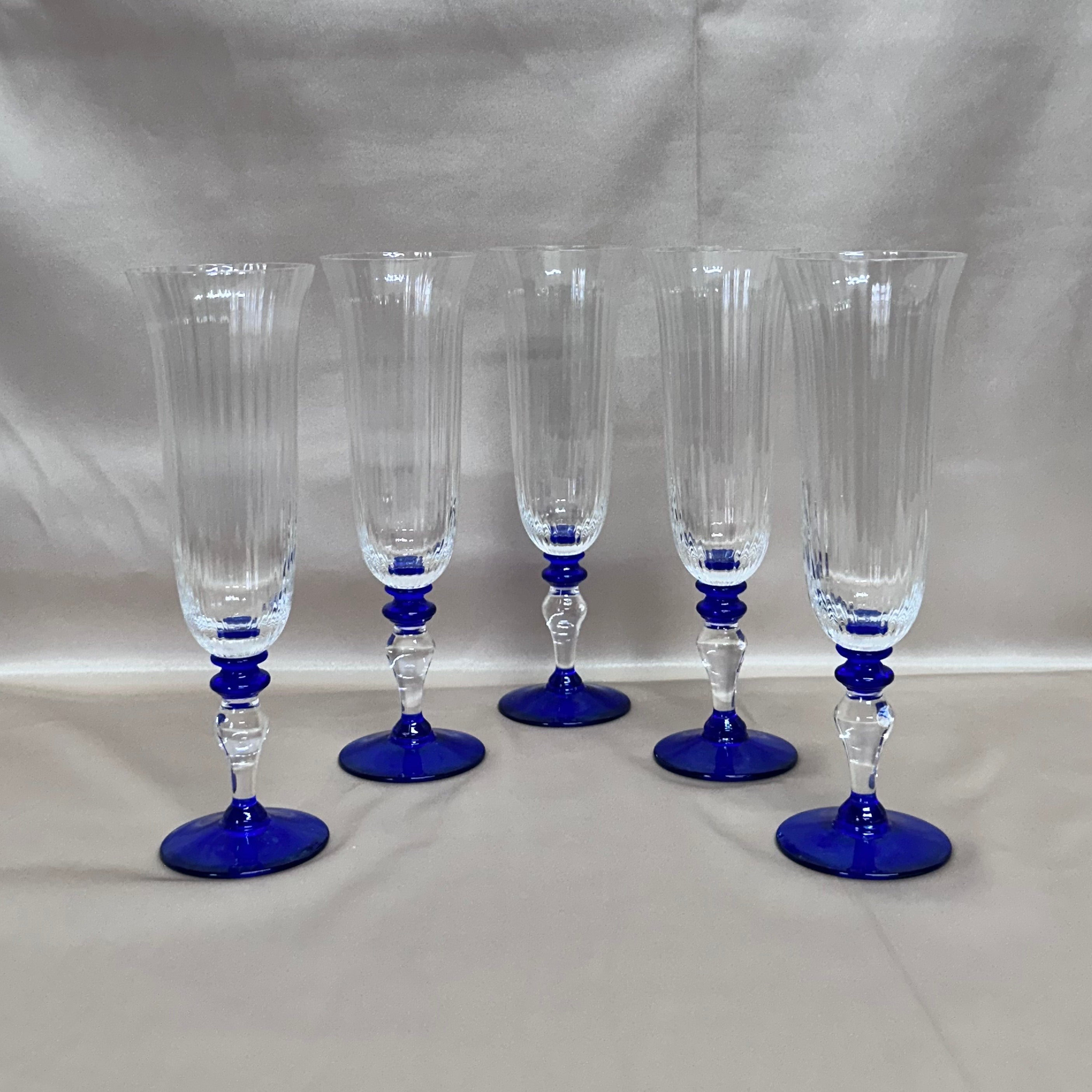 Nason & Moretti Murano Clear & Blue Champagne Flutes Glass Set of 5