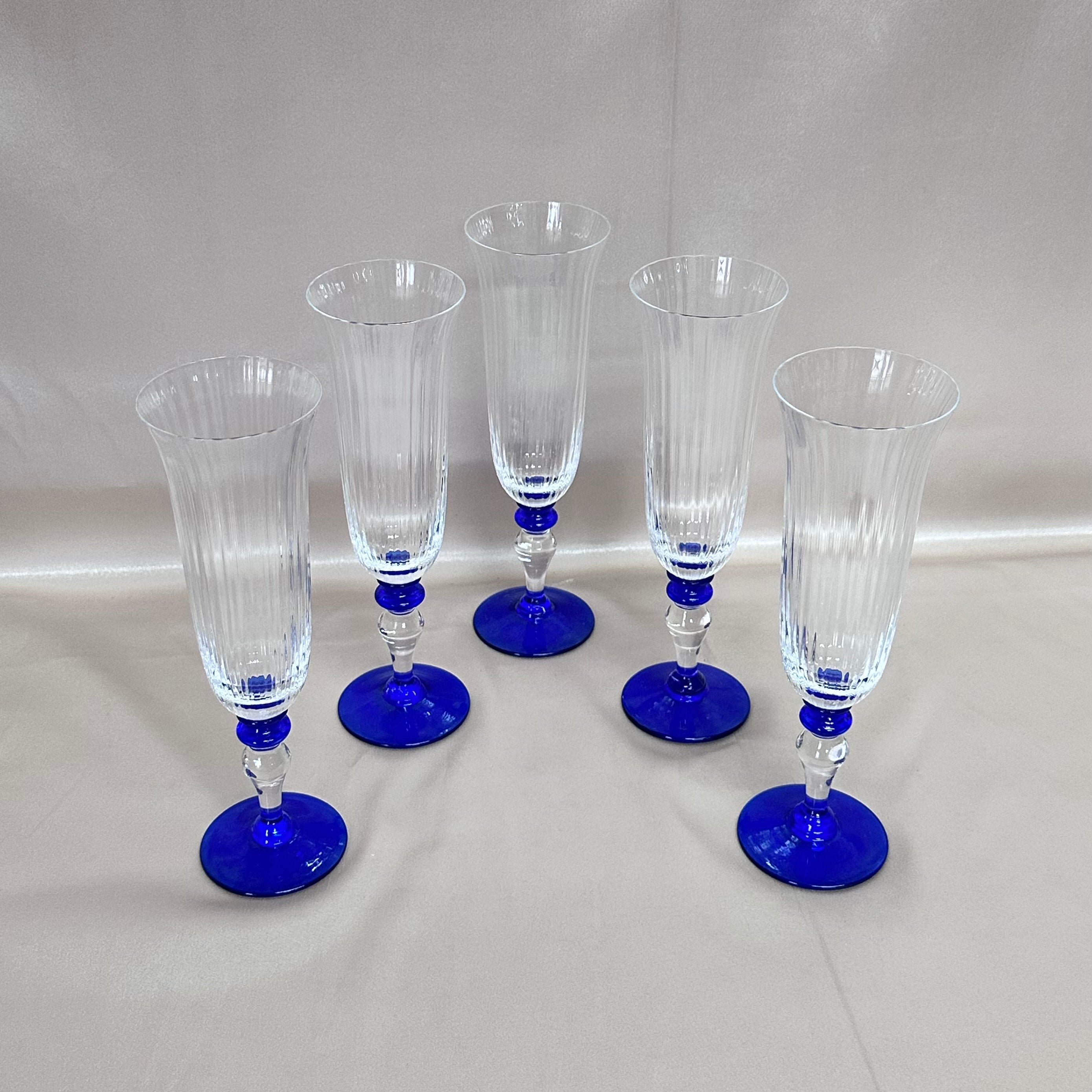 Nason & Moretti Murano Clear & Blue Champagne Flutes Glass Set of 5