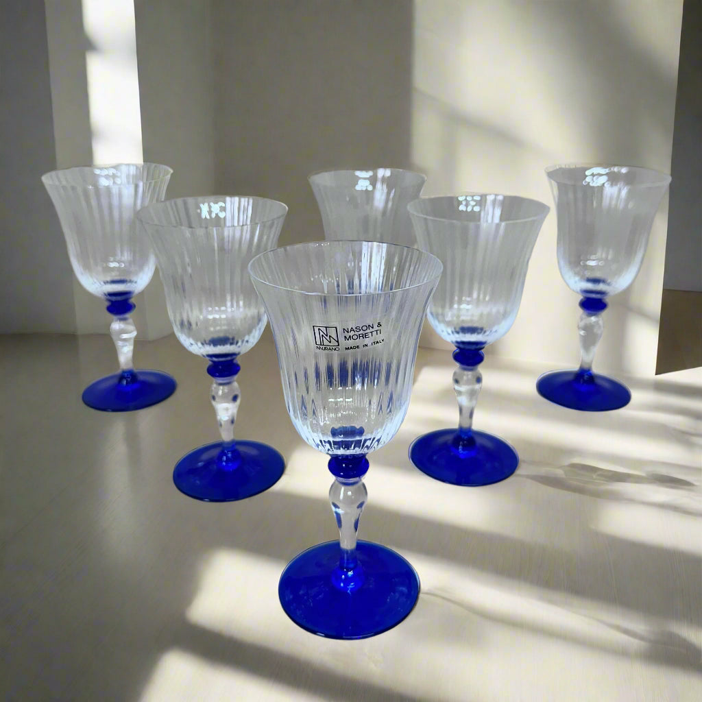 Nasonmoretti Murano Glass Goblet Clear & Blue Set of 6