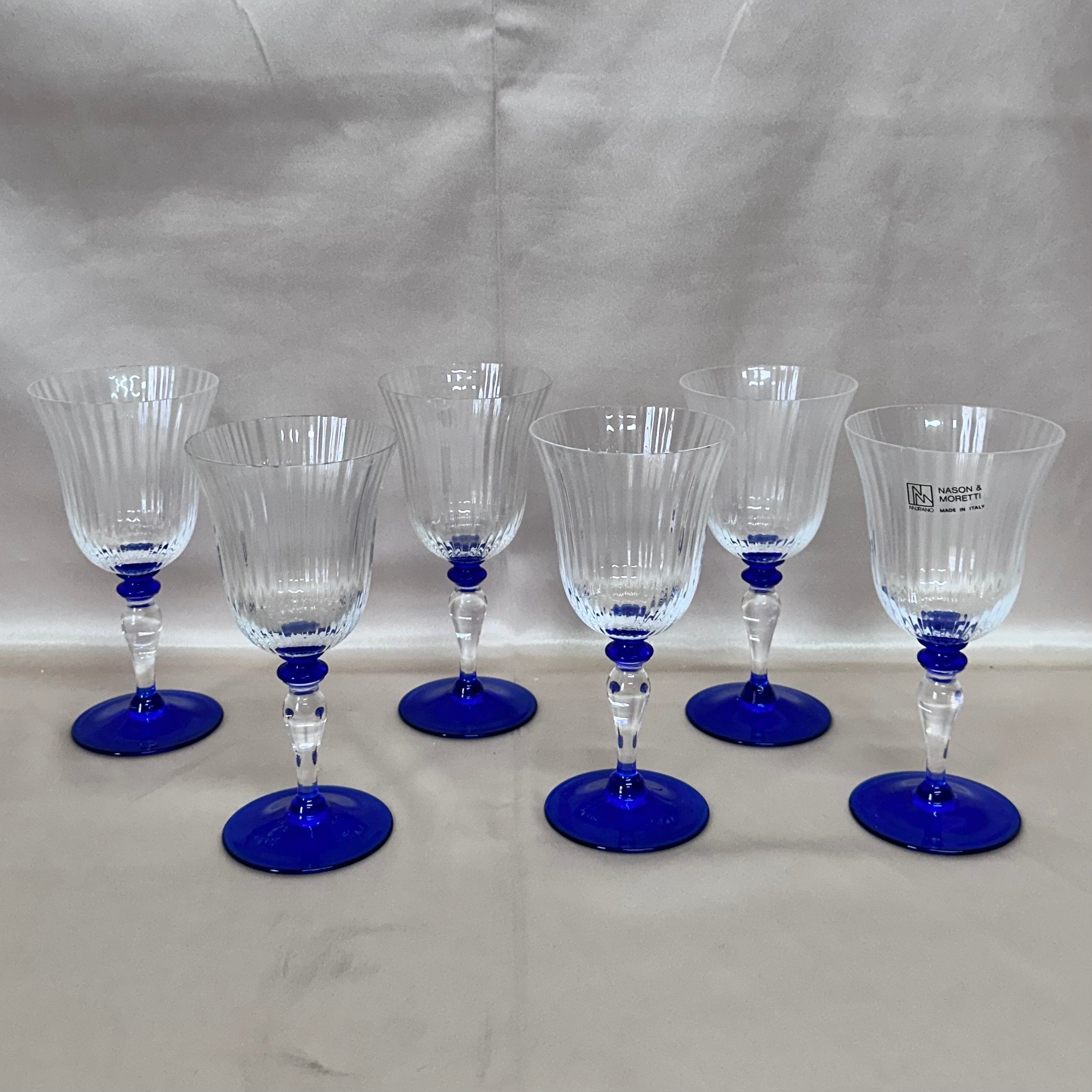 Nasonmoretti Murano Glass Goblet Clear & Blue Set of 6