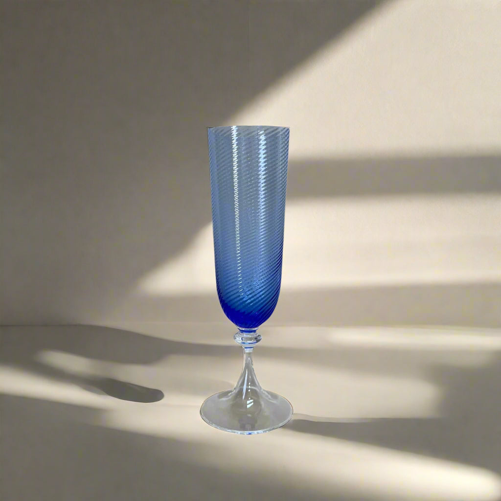 Nasonmoretti Murano Champagne Flutes Blue Clear Swirl Glass