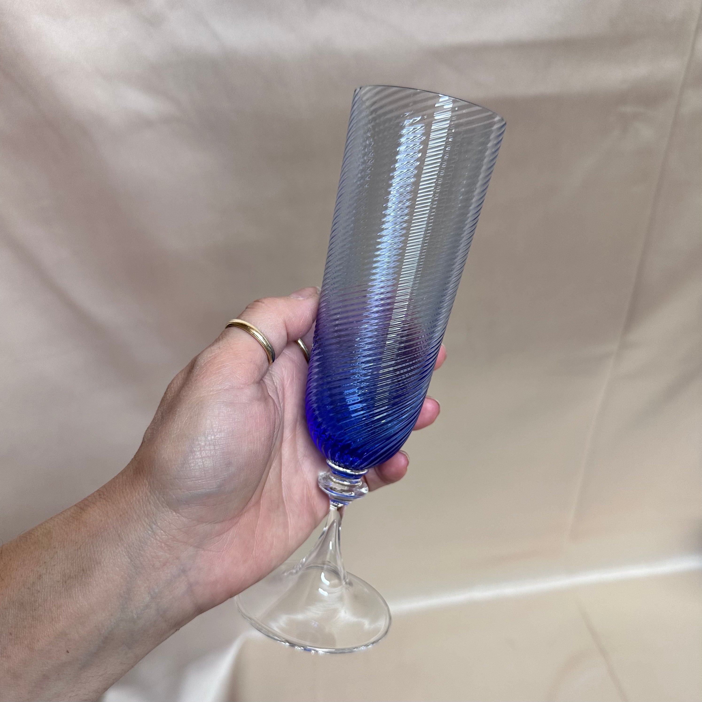 Nasonmoretti Murano Champagne Flutes Blue Clear Swirl Glass