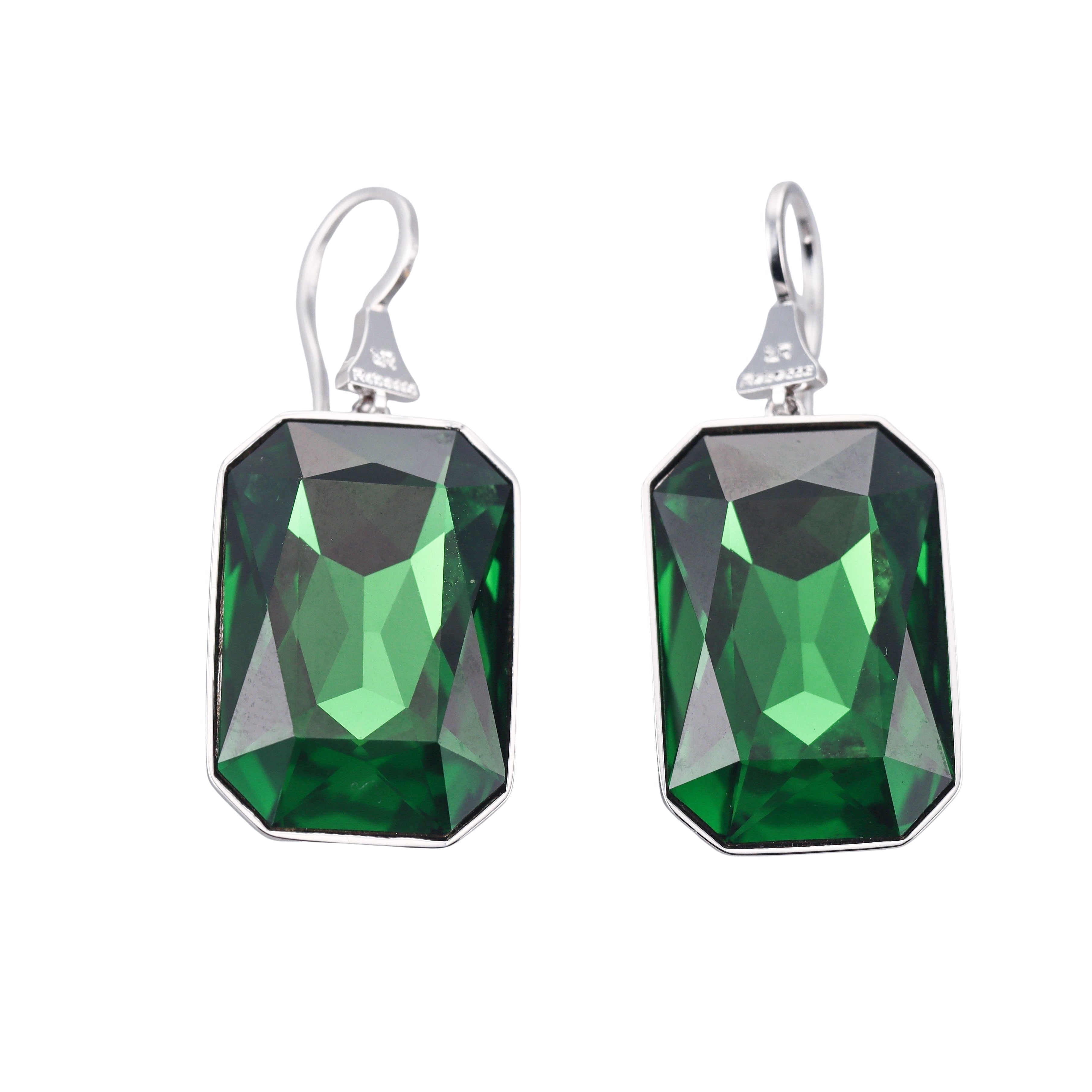 Rebecca Silver Tone Swarovski Green Crystal Drop Earrings