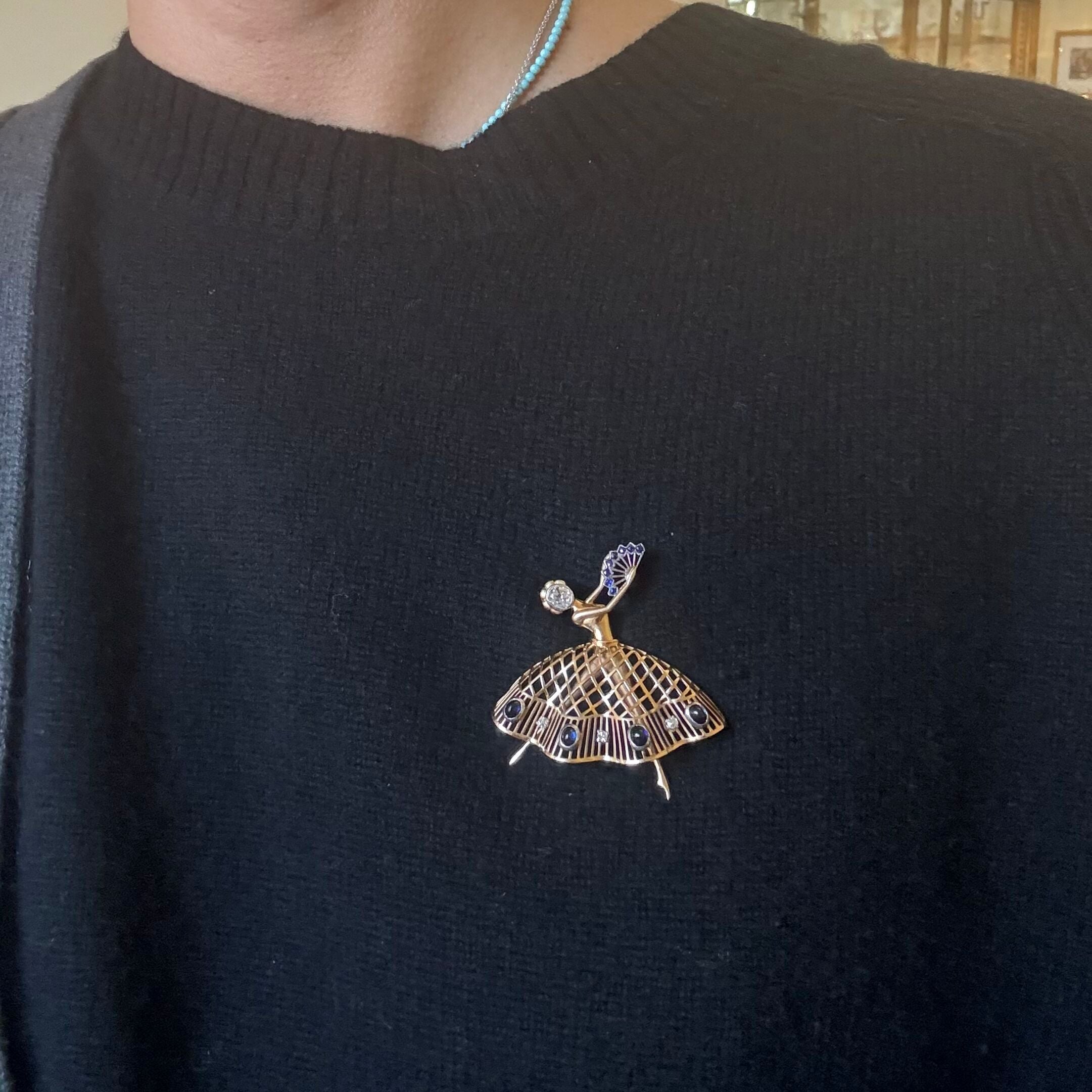 Retro 18k Gold Diamond Sapphire Ballerina Brooch Pin