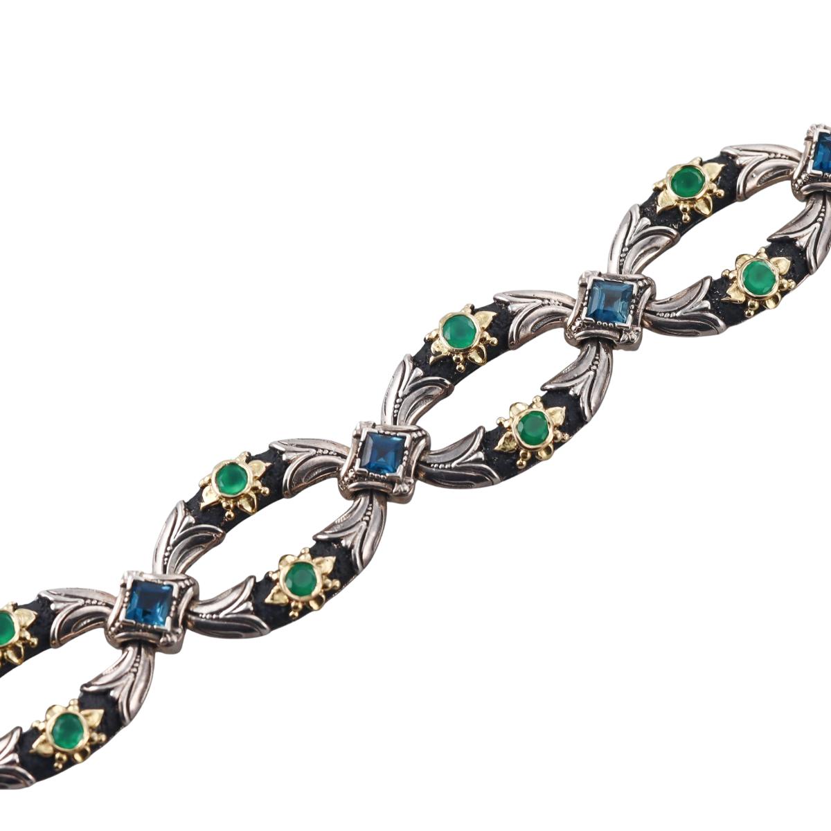 Konstantino Nemesis 18k Yellow Gold Sterling London Blue Topaz & Green Agate Bracelet