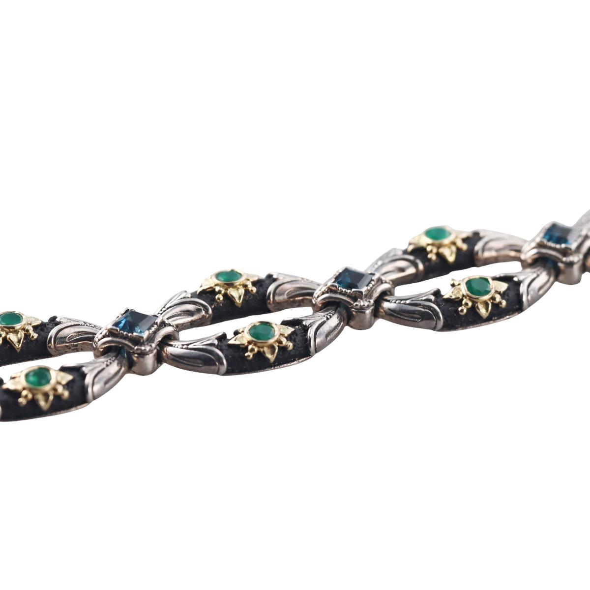 Konstantino Nemesis 18k Yellow Gold Sterling London Blue Topaz & Green Agate Bracelet
