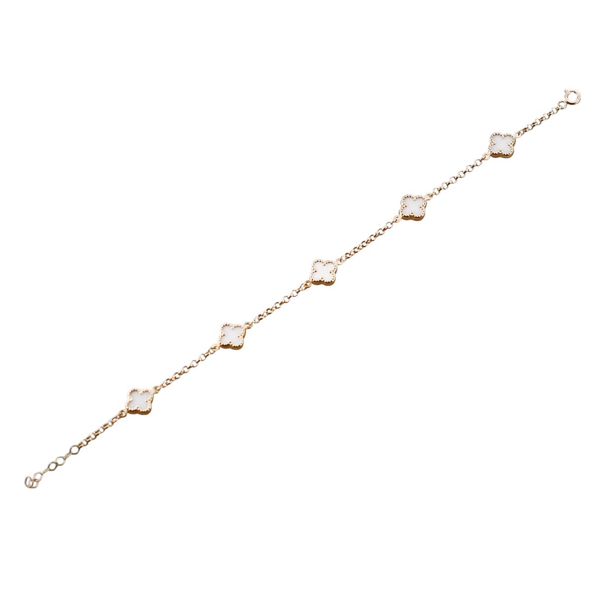 14k Gold White Agate Clover Bracelet