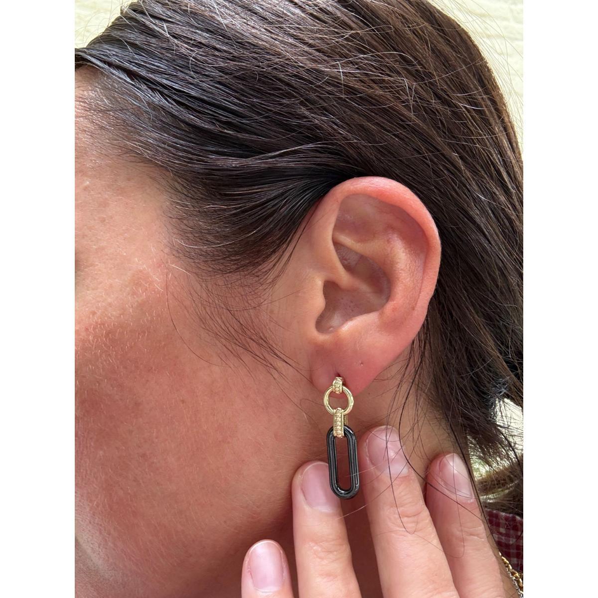 Lagos 18k Gold Black Ceramic Link Drop Earrings