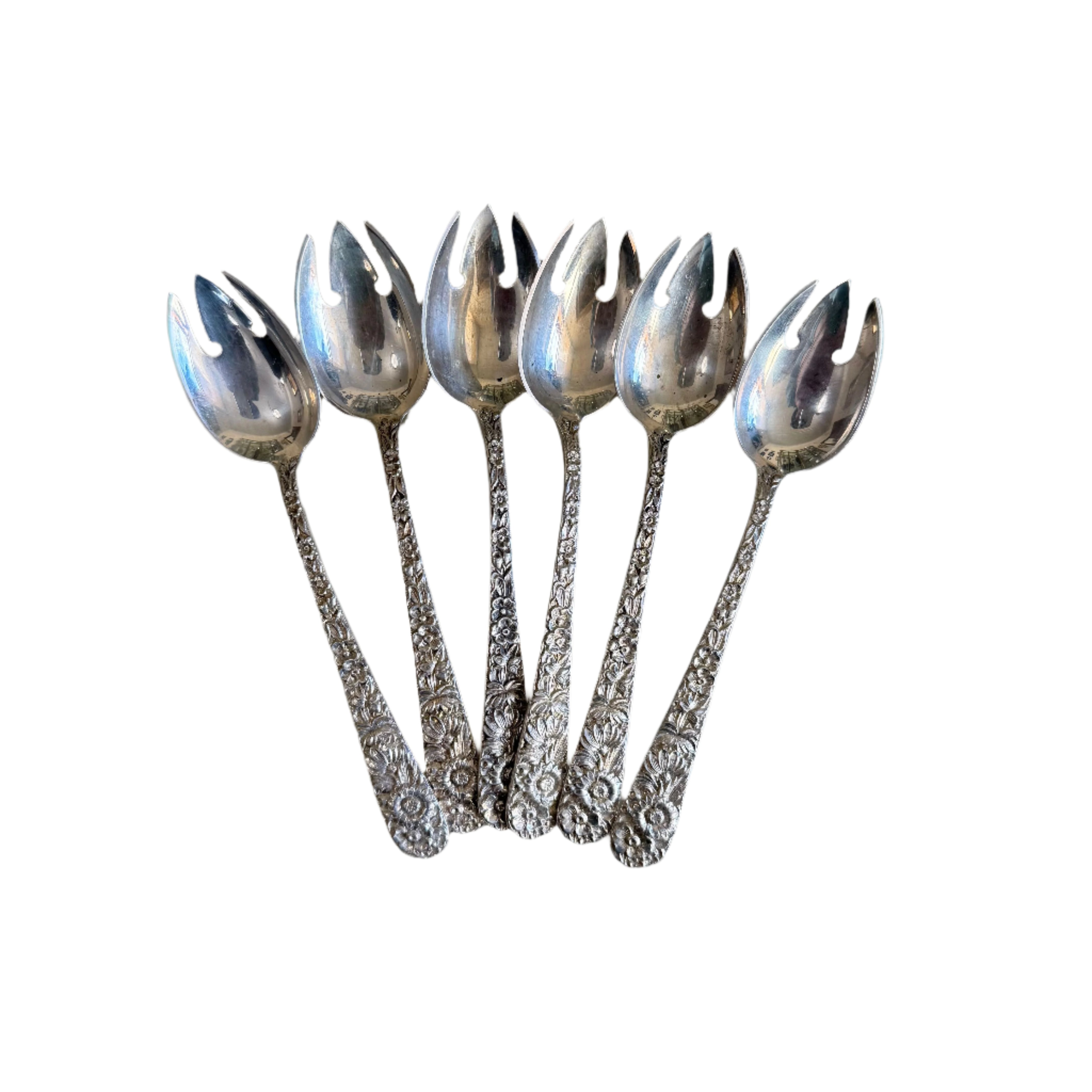 Set of 6 Kirk & Son Repousse Sterling Silver Ice Cream Fork