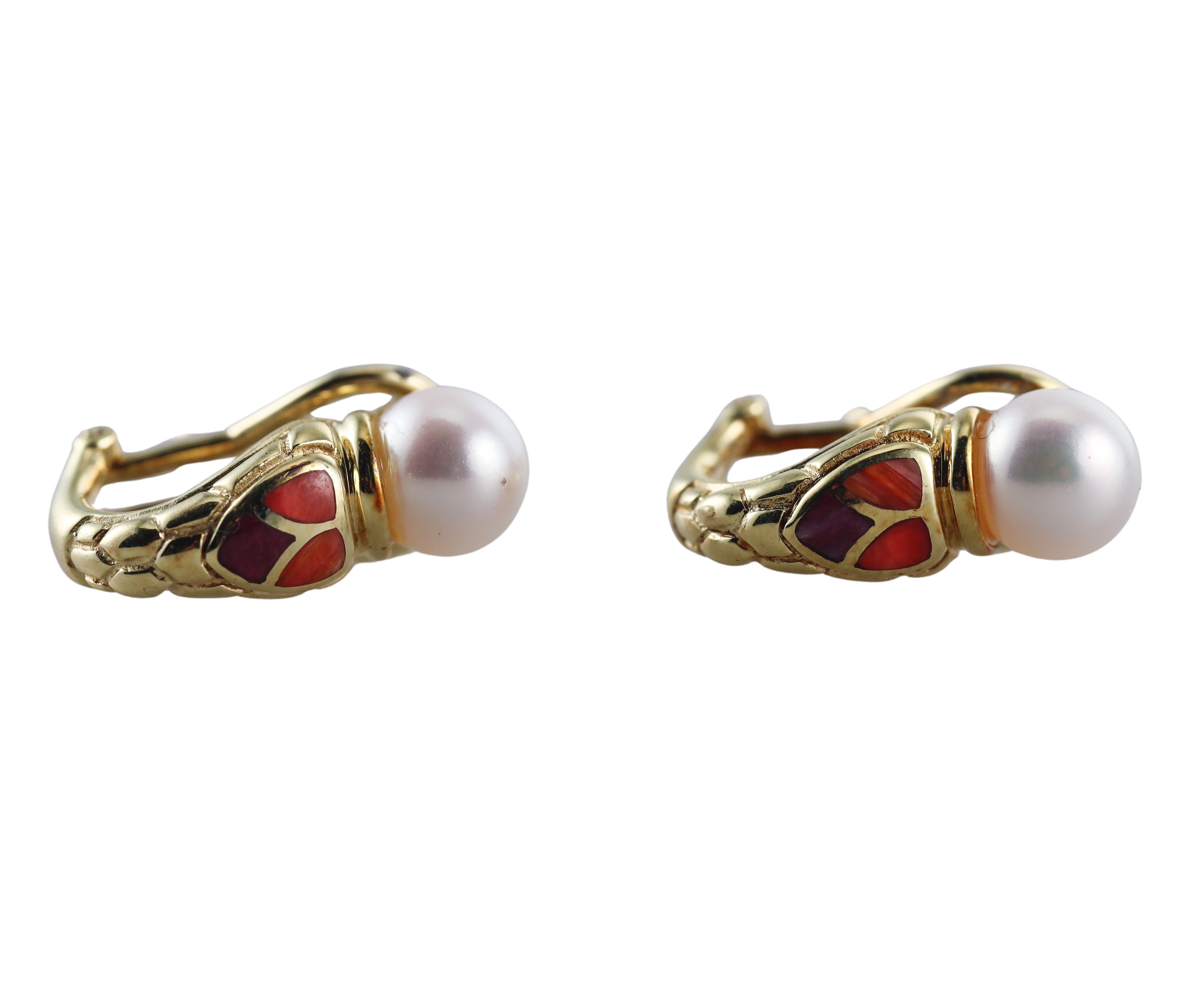 Asch Grossbardt Inlay Gemstone Pearl Gold Earrings.