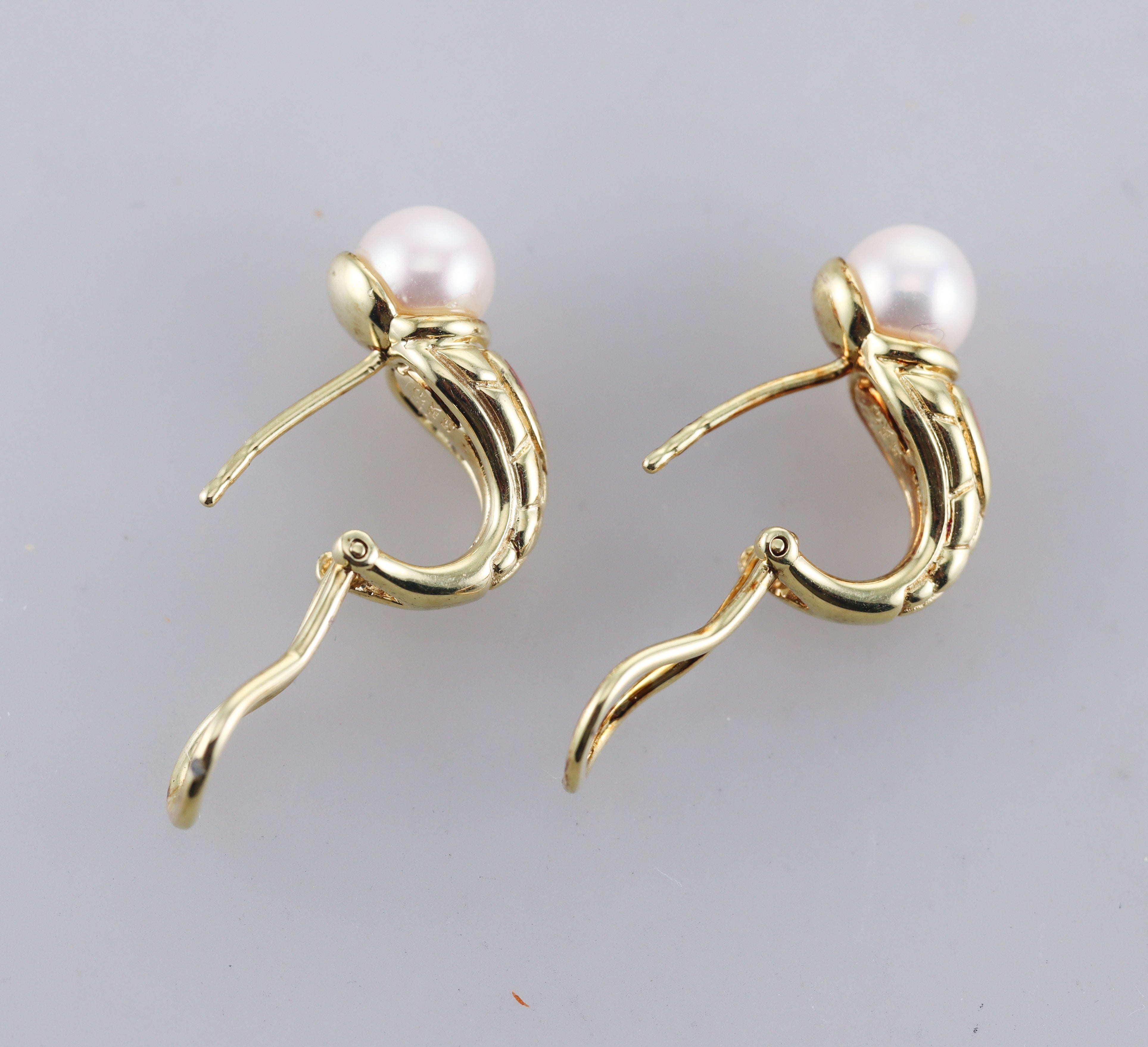 Asch Grossbardt Inlay Gemstone Pearl Gold Earrings.
