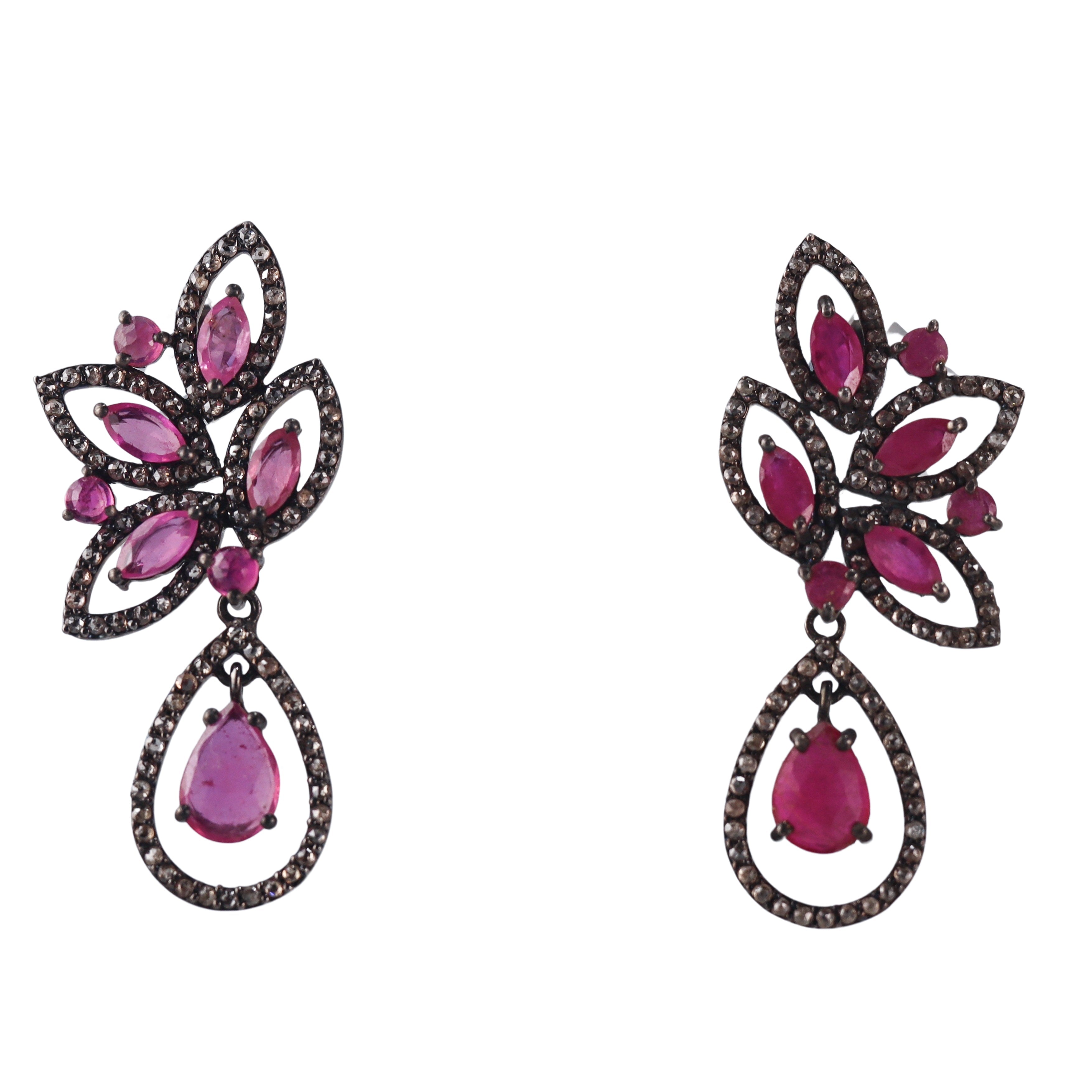 Bavna Sterling Silver Rose Cut Diamond and Glass Filled Ruby Drop Earrings