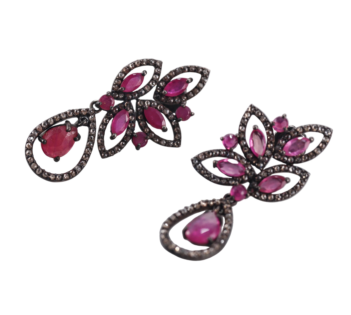 Bavna Sterling Silver Rose Cut Diamond and Glass Filled Ruby Drop Earrings