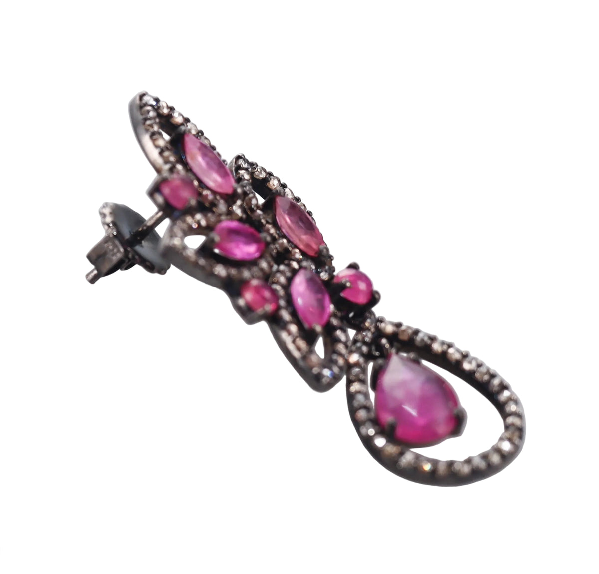 Bavna Sterling Silver Rose Cut Diamond and Glass Filled Ruby Drop Earrings