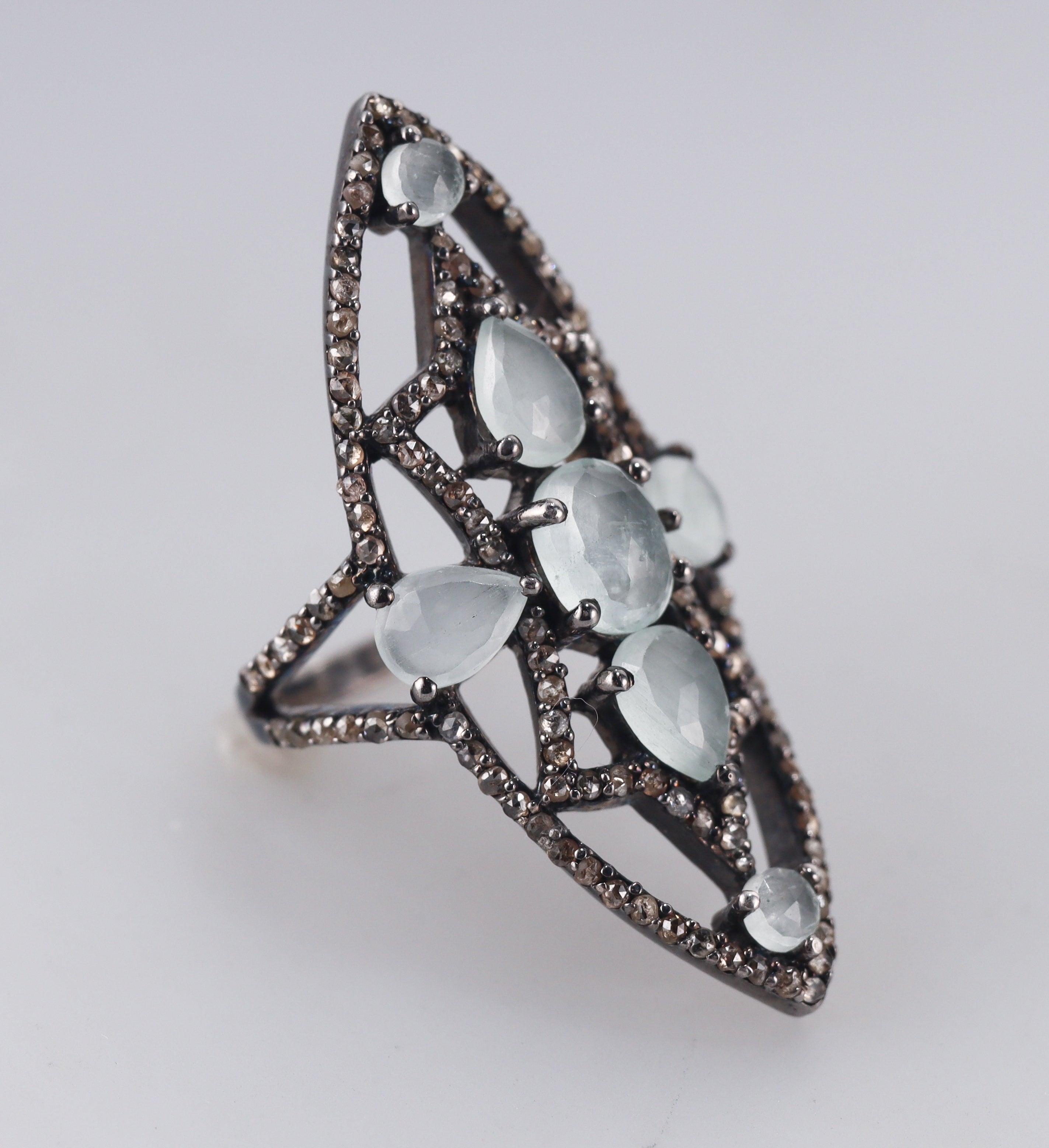 Bavna Sterling Silver Diamond Aquamarine Ring