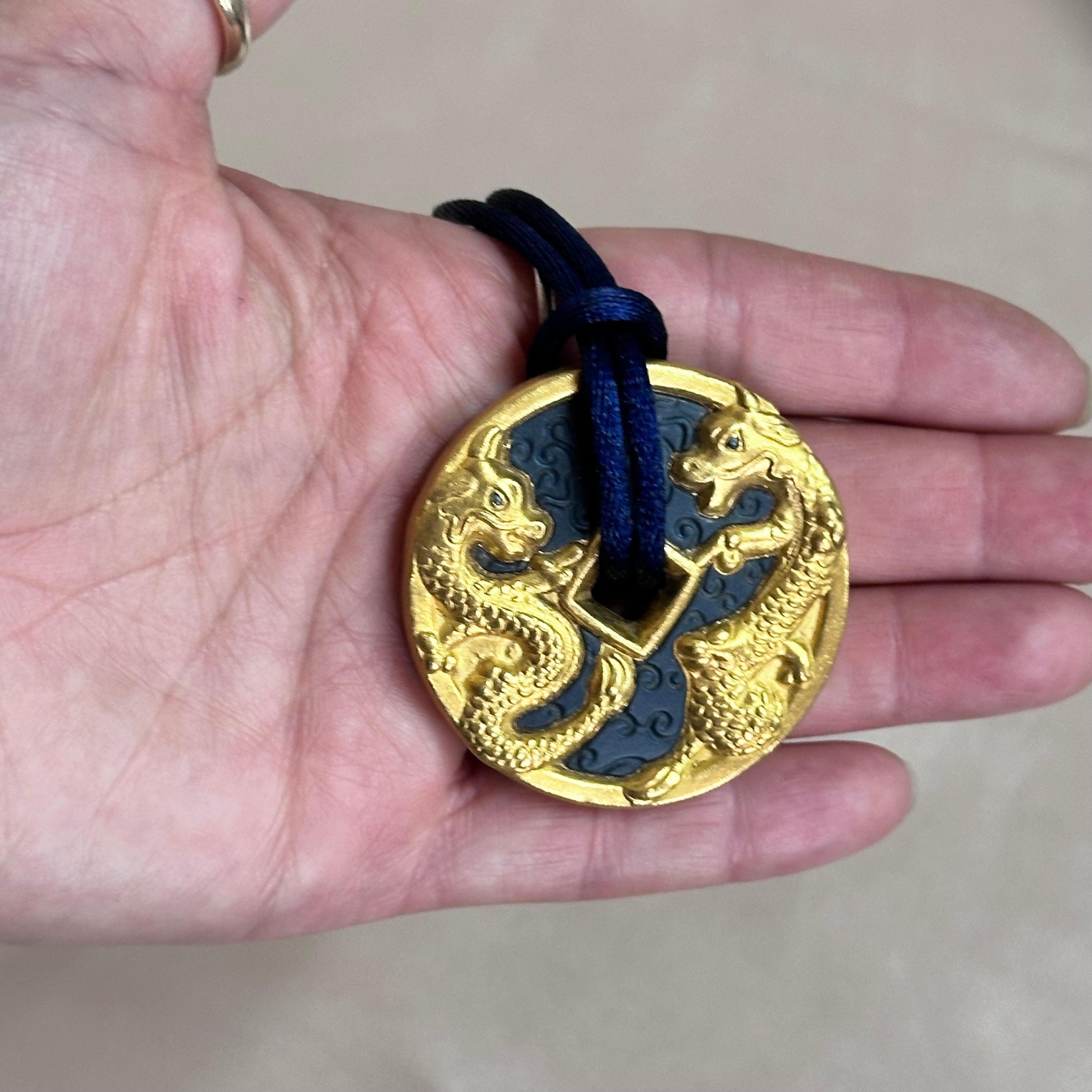 Talismania LLADRO Wealth Magnet (Gold Double Dragon) Pendant on Silk Cord Necklace 01010012