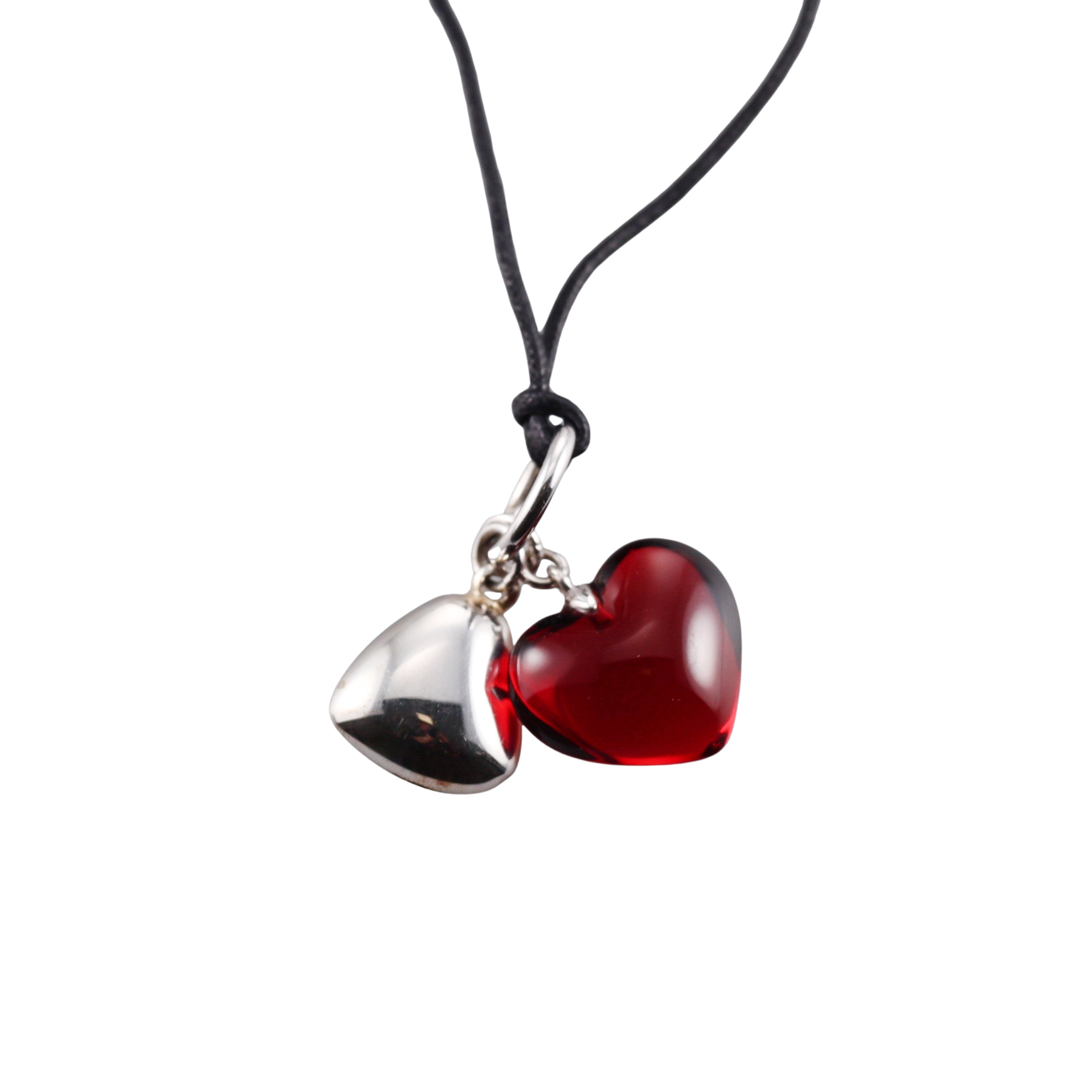 Baccarat Crystal Sterling Silver Double Heart Red B-mine Be Mine Pendant Necklace