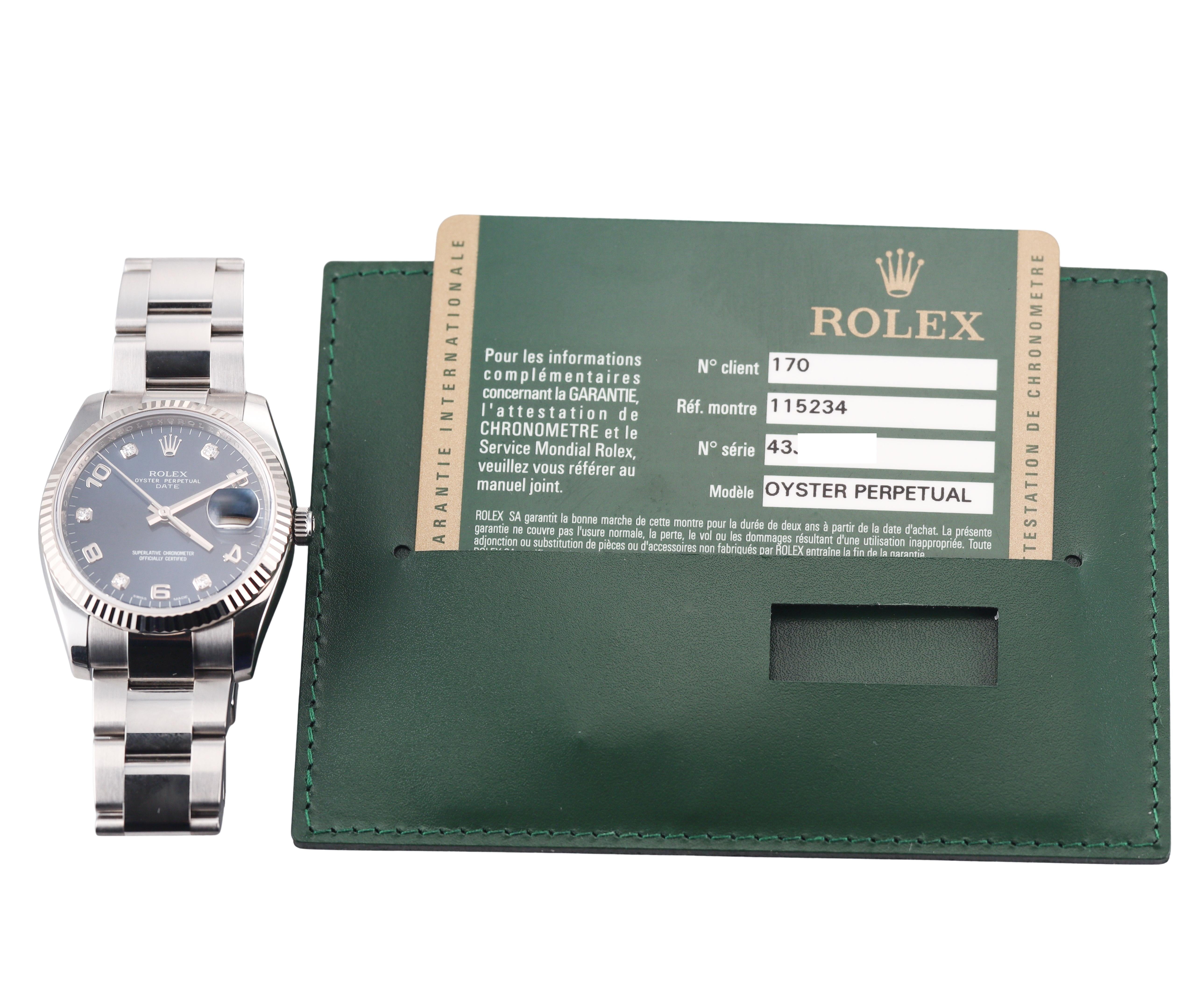 Rolex Datejust Blue Diamond Dial Stainless Steel 34mm Watch 115234