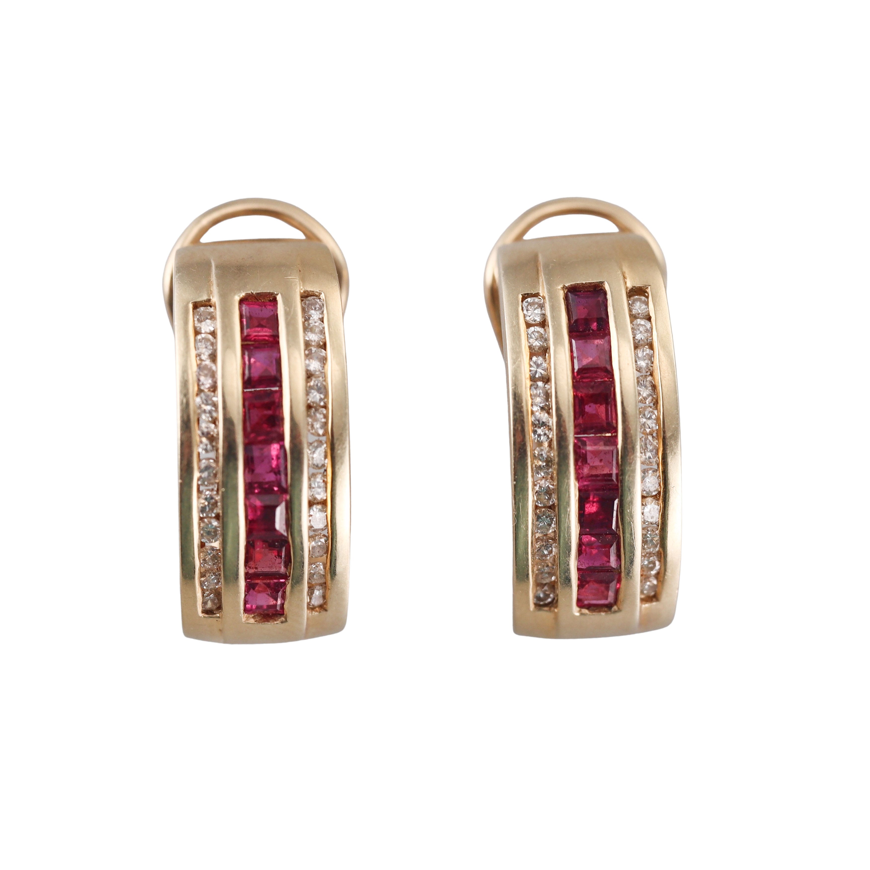 14k Yellow gold Rubies Diamond Hoop Earrings