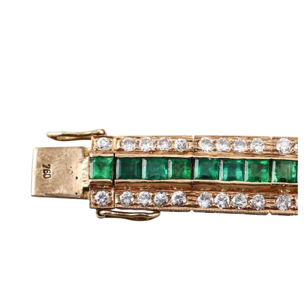 1980s Vintage 18K Gold Diamond Emerald Bracelet