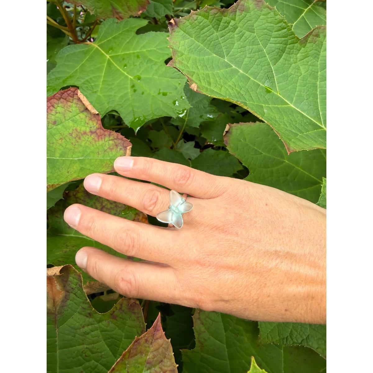 Lalique Papillon Sterling Silver Lagoon Crystal Butterfly Ring 10752800